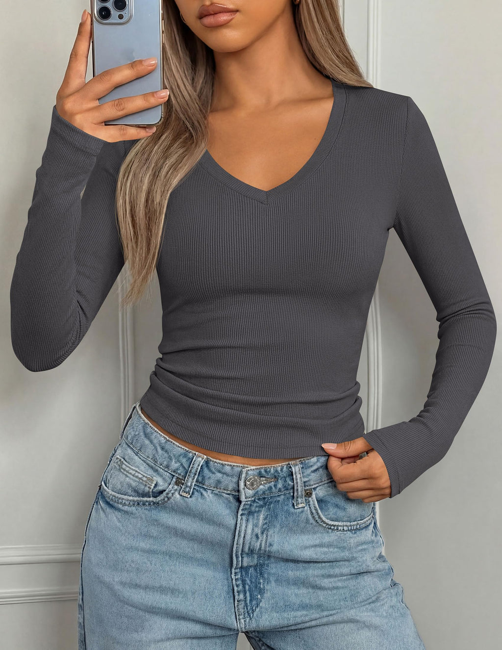 PRETTYGARDEN Long Sleeve Shirts for Women Fall V Neck Basic Tee Casual Fitted Ribbed Going Out Tops Kint Y2K Clothes
