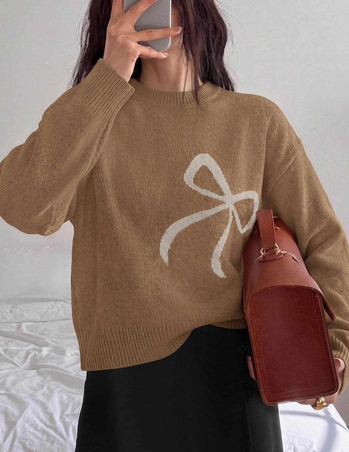 PRETTYGARDEN Womens Bow Sweater Cute Crewneck Long Sleeve Tops Fall Soft Cozy Knit Pullover,Relaxed Fit,Holiday Sweaters,Daily Wear,Work Office,Casual Going Out Y2k Tops,Winter Fashion Clothing