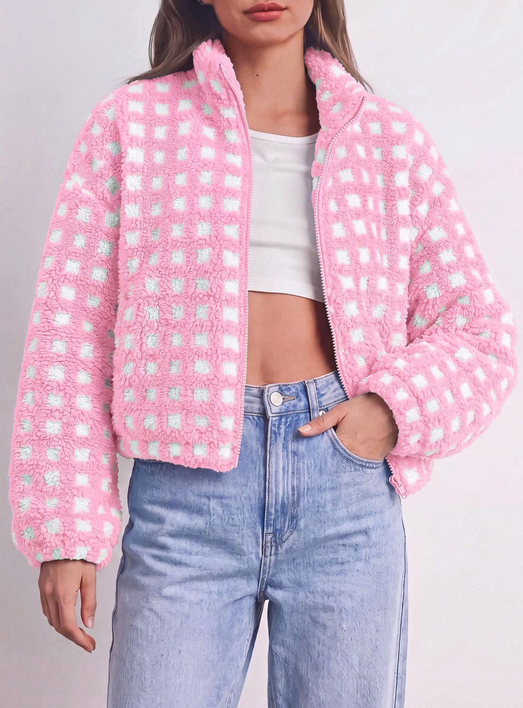 PRETTYGARDEN Women's Gingham Sherpa Fleece Jacket Plaid Cropped Teddy Coat Trendy Y2K Winter Jacket, Zip Up Stand Collar, Side Pockets, Fall Outfit for Casual Daily, Going Out, Streetwear, Outdoor