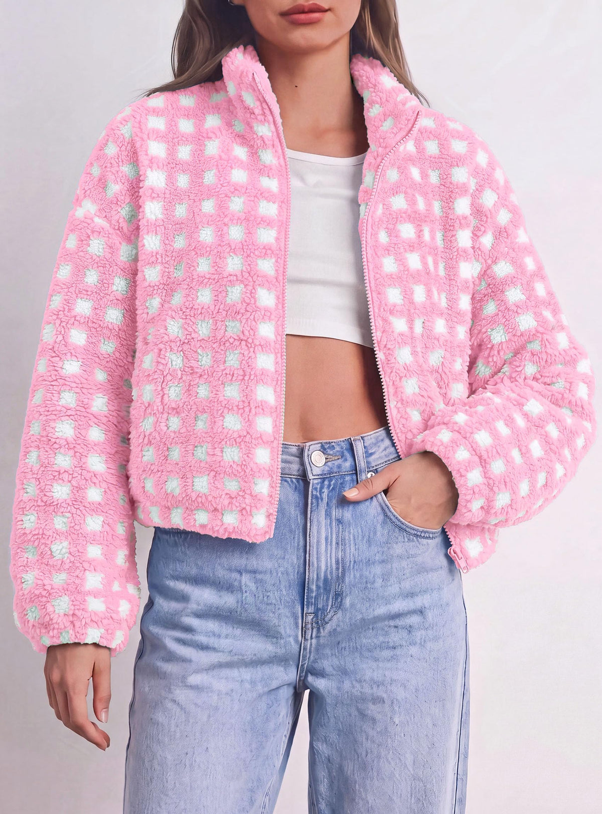 PRETTYGARDEN Women's Gingham Sherpa Fleece Jacket Plaid Cropped Teddy Coat Trendy Y2K Winter Jacket, Zip Up Stand Collar, Side Pockets, Fall Outfit for Casual Daily, Going Out, Streetwear, Outdoor