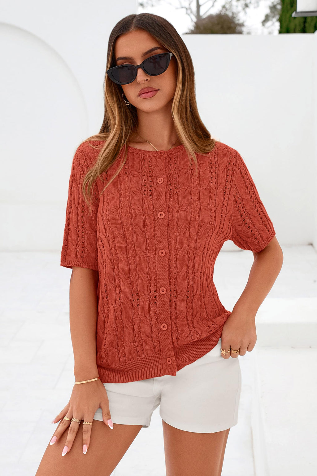 FreshPretty  Women Summer Cable Knit Crochet Cardigan Sweaters Casual Button Short Sleeve Sweater Cute Beach Hollow Out Knit Top