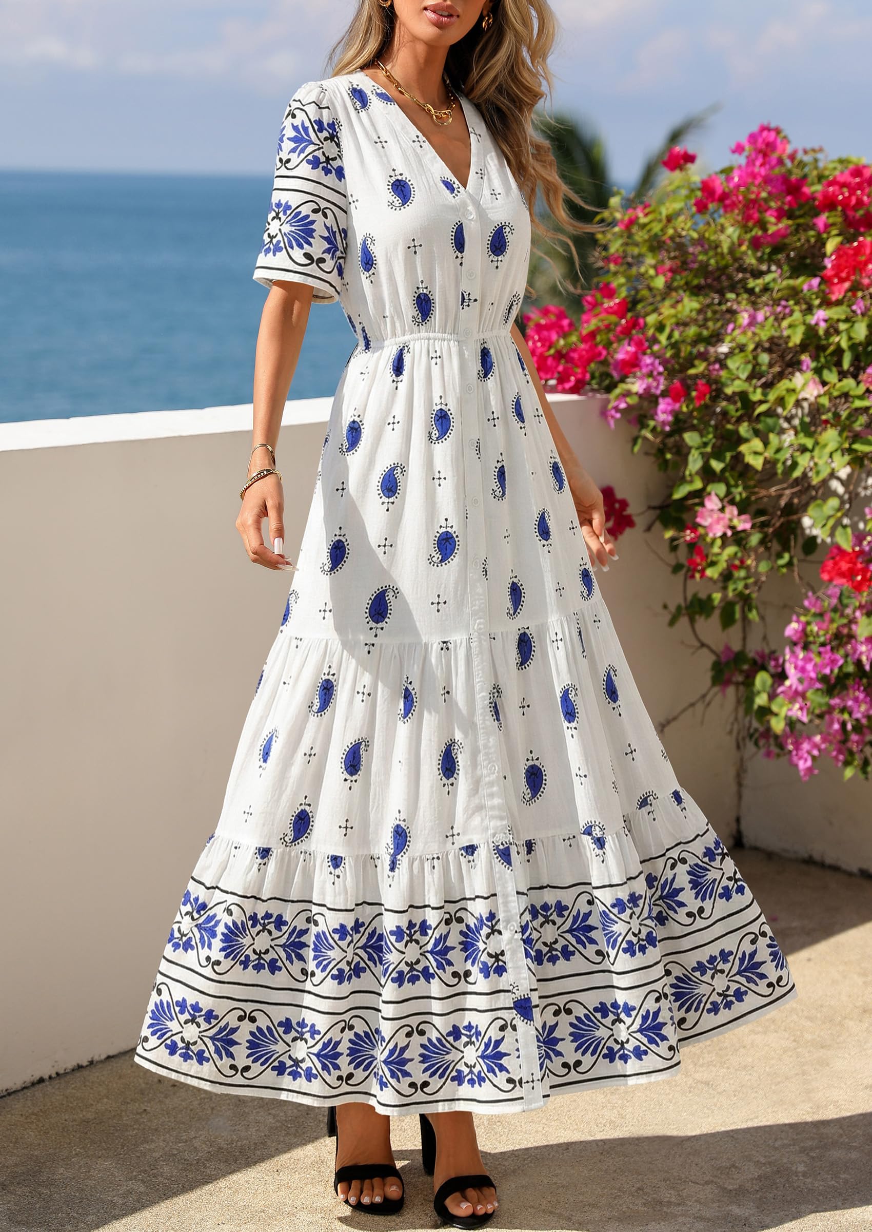 PRETTYGARDEN Womens Summer Boho Maxi Dress Trendy Short Sleeve V Neck Flowy Beach Floral Dresses with Pockets