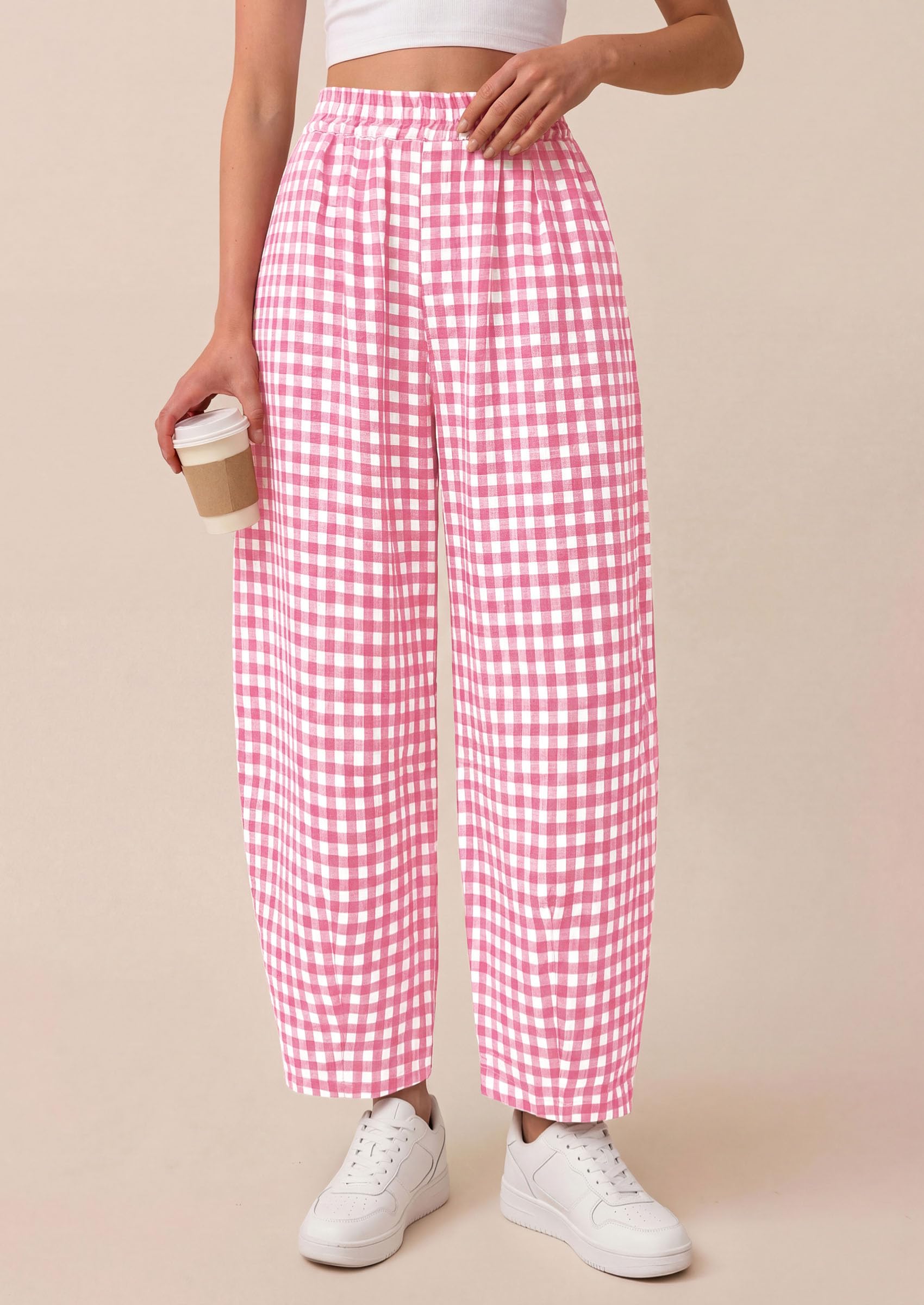 PRETTYGARDEN Plaid Barrel Pants Women Summer Casual Loose Wide Leg Lounge Gingham Trousers Spring Fashion Beach Bottoms