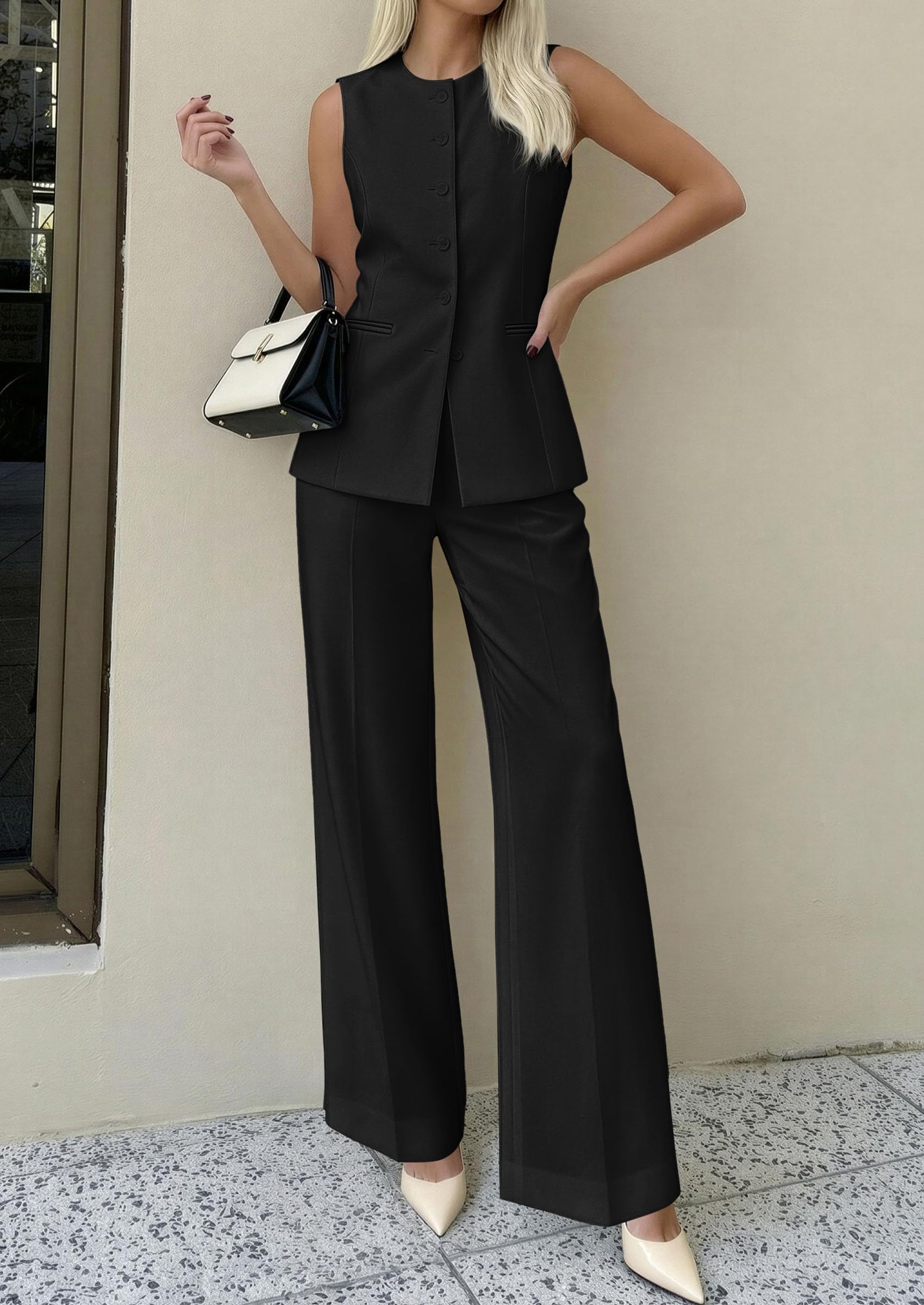 PRETTYGARDEN Women's 2 Piece Sets Summer  Work Clothes Sleeveless Blazer Vest Pants Suits Spring Business Casual Outfits