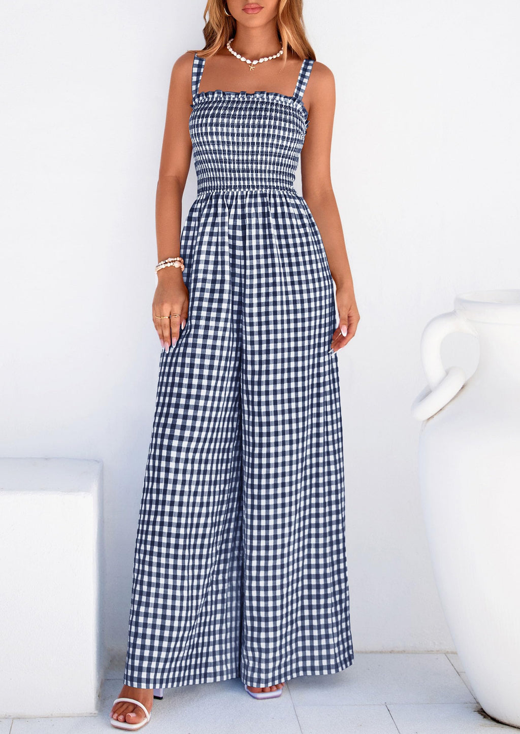 PRETTYGARDEN One Piece Jumpsuits for Women Casual Summer Cruise Outfits  Spring Fashion Smocked Wide Leg Gingham Rompers