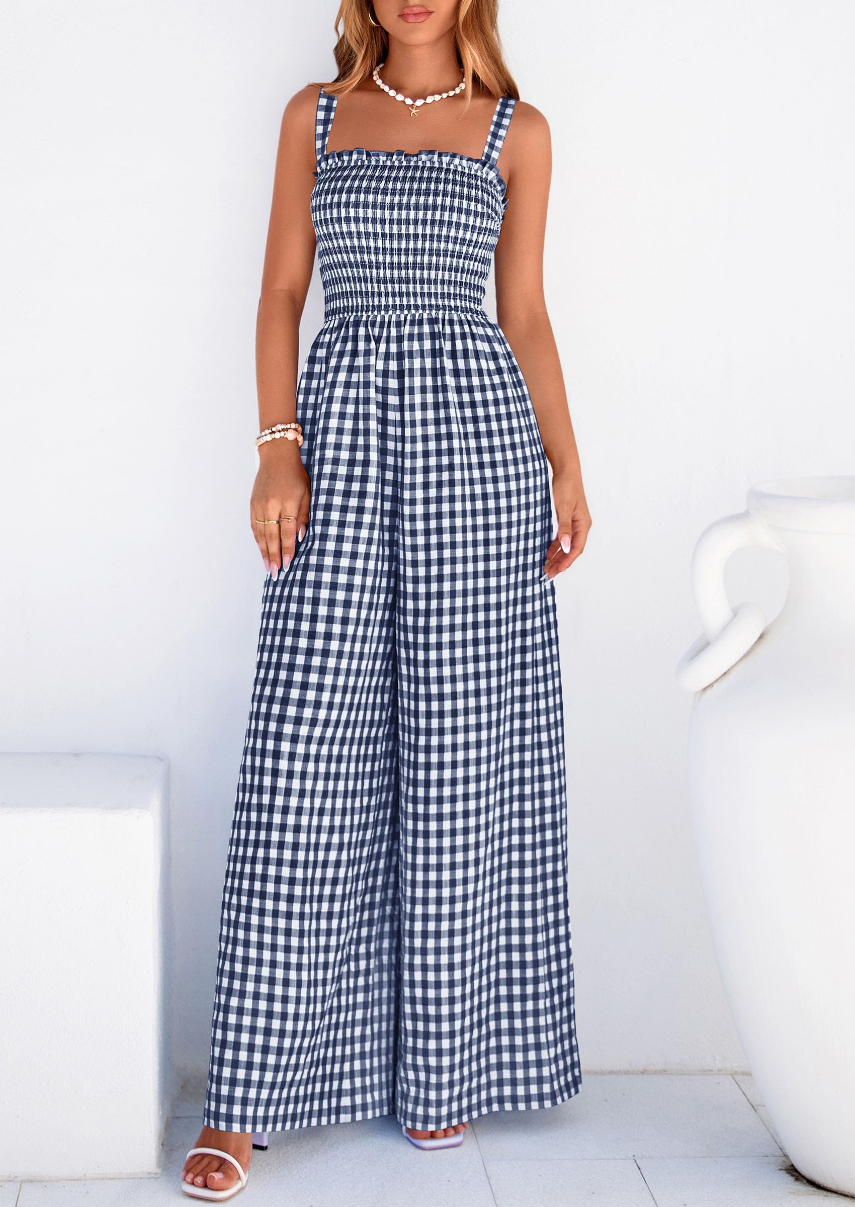 PRETTYGARDEN One Piece Jumpsuits for Women Casual Summer Cruise Outfits  Spring Fashion Smocked Wide Leg Gingham Rompers