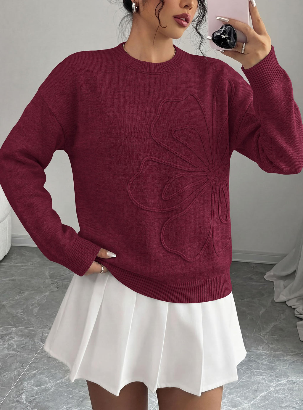 PRETTYGARDEN Women Fall Sweaters Trendy Floral Knit Pullover | Flower Embroidered Tops, Crew Neck, Soft Long Sleeve Shirts, Cozy Winter Layering Clothes for Casual Outing, Holiday Party