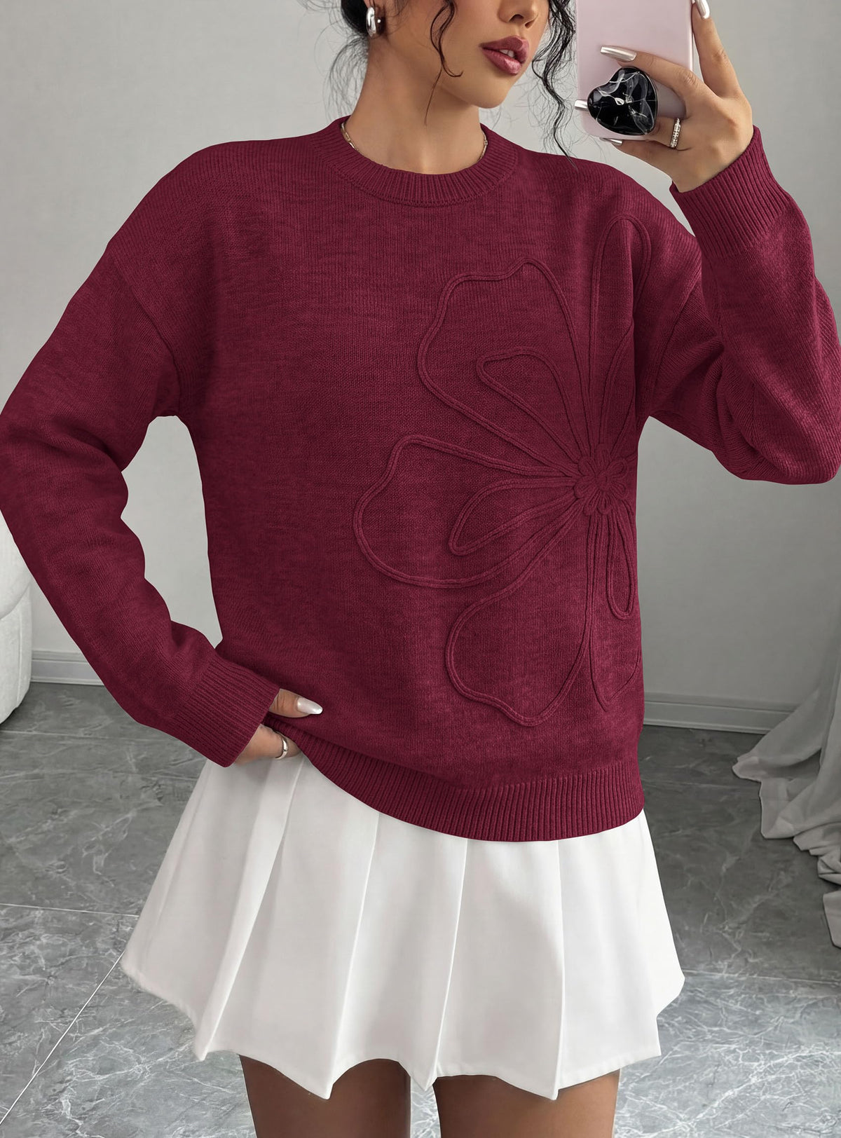PRETTYGARDEN Women Fall Sweaters Trendy Floral Knit Pullover | Flower Embroidered Tops, Crew Neck, Soft Long Sleeve Shirts, Cozy Winter Layering Clothes for Casual Outing, Holiday Party