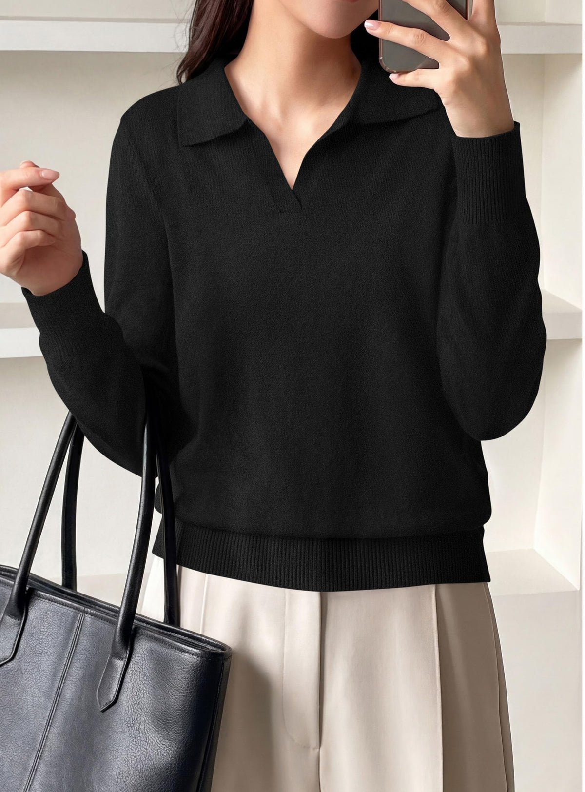PRETTYGARDEN Womens Long Sleeve Collared Polo Sweater | Breathable Soft Ribbed Knit, Lapel V Neck Pullover Sweaters, Business Casual Work Office Tops, 2026 Trendy Fall Outfits