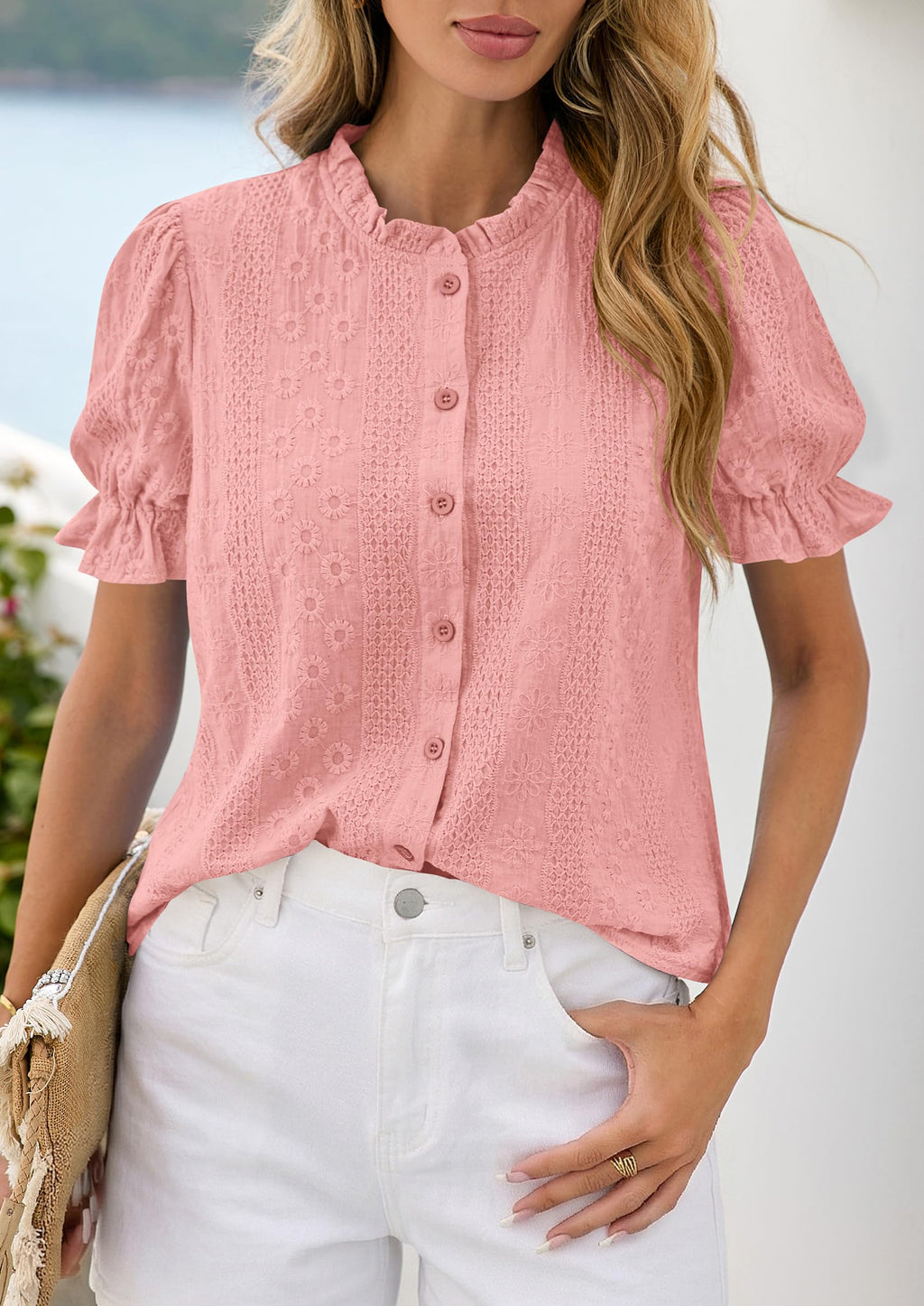 PRETTYGARDEN Womens Puff Short Sleeve Tops  Summer Spring Button Down Boho Embroidered Cute Blouse Dressy Casual Shirts