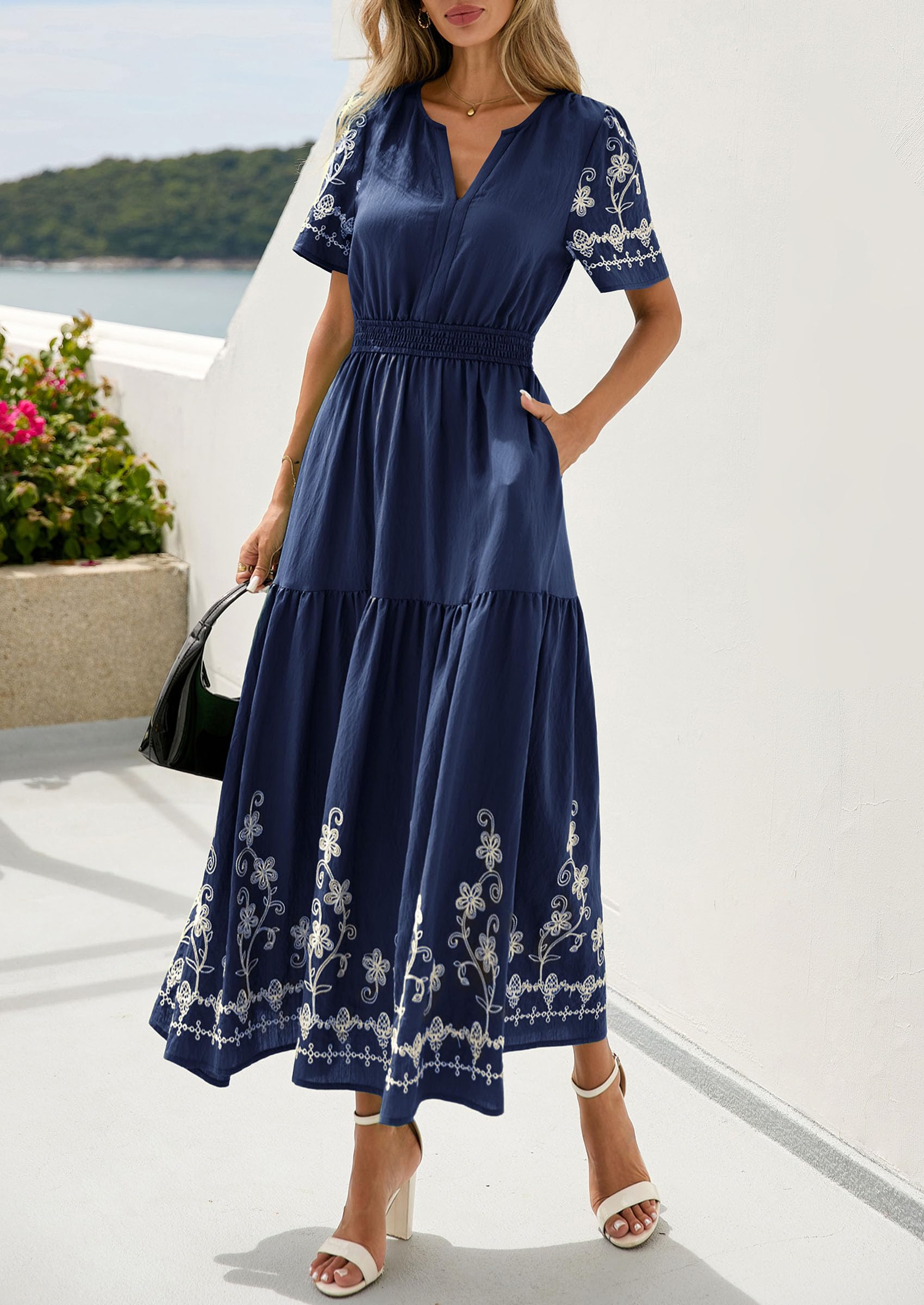 PRETTYGARDEN Women's Summer Boho Maxi Dress Spring Floral Short Sleeve V Neck A Line Flowy Beach Wedding Guest Dresses
