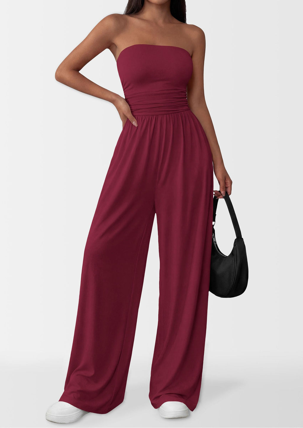 PRETTYGARDEN Womens Trendy Strapless Rompers Ruched Tube Top Wide Leg One Piece Jumpsuits Beach Vacation Summer Outfits