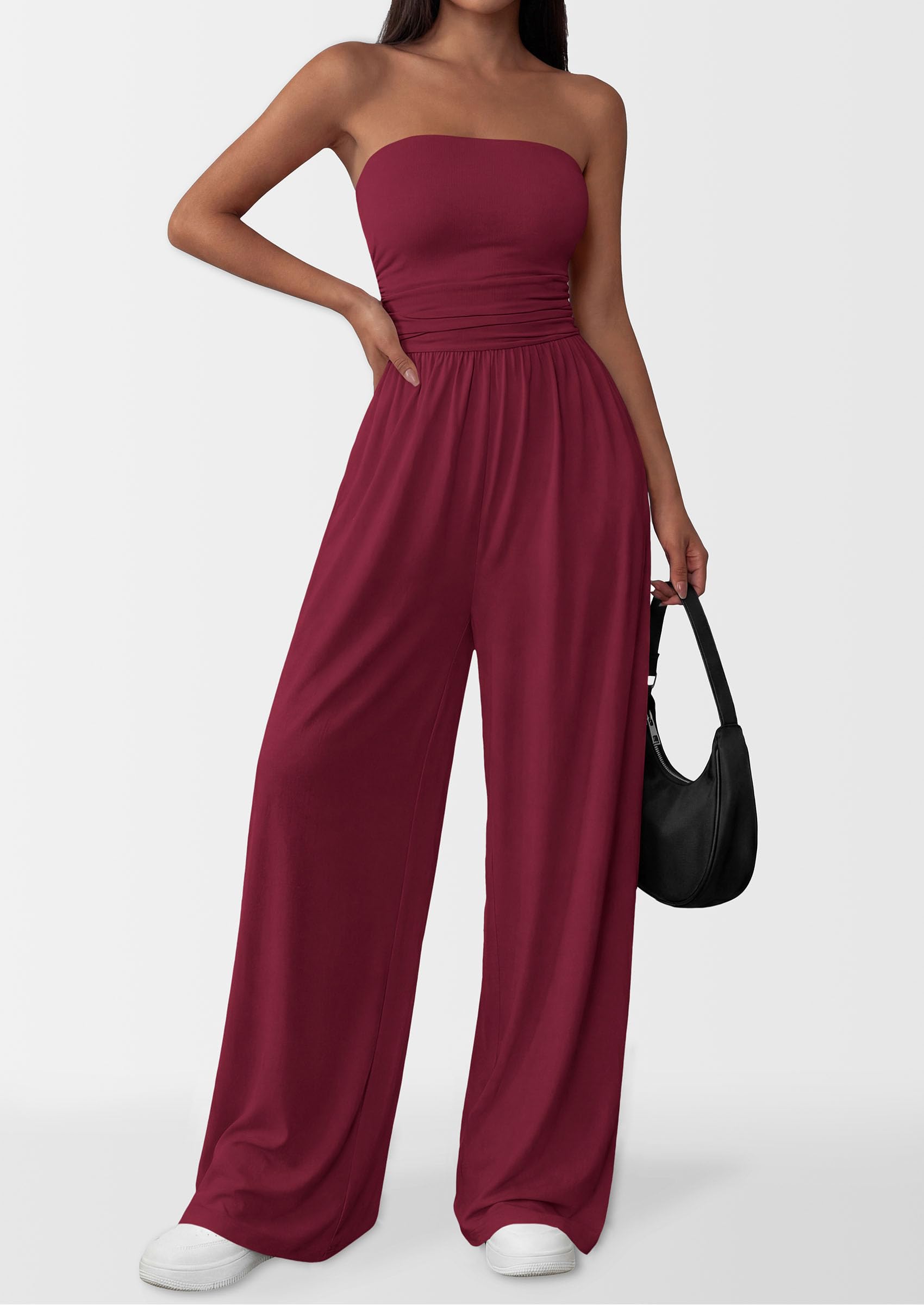 PRETTYGARDEN Womens Trendy Strapless Rompers Ruched Tube Top Wide Leg One Piece Jumpsuits Beach Vacation Summer Outfits