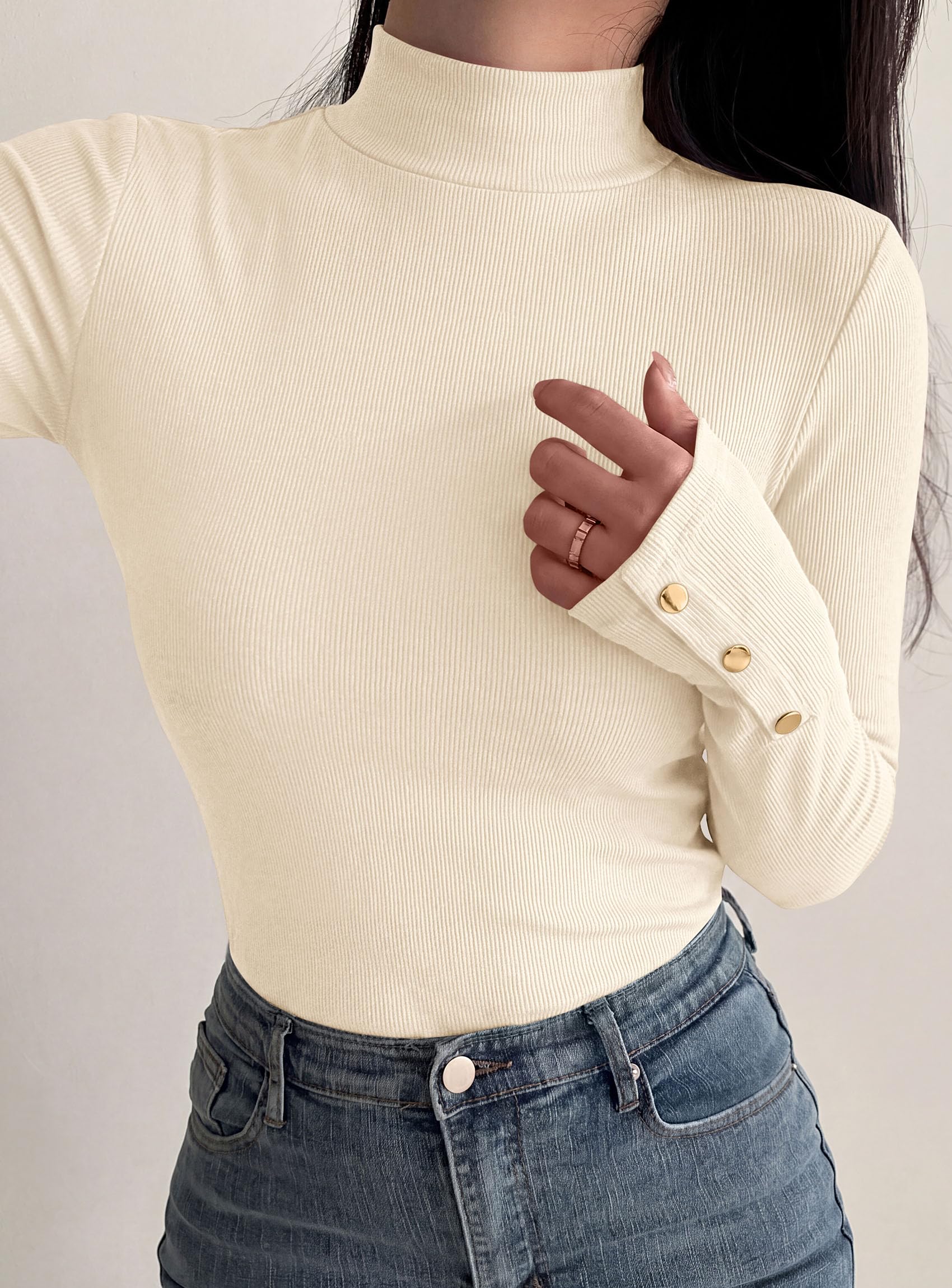 PRETTYGARDEN Women's Ribbed Mock Neck Long Sleeve Tops | Slim Fitted T-Shirts, Soft Stretch, Decorative Buttons, Going Out Work Casual Wear, Fall Outfits Layering Winter Clothes
