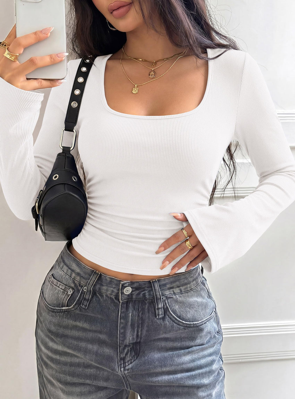 PRETTYGARDEN Womens Bell Long Sleeve Shirts Going Out Tops | Soft Stretchy Ribbed Knit, Square Neck, Slim Fit Y2K Clothes, Trendy Side Ruched, Layering Tee for Casual Fall & Winter Wear