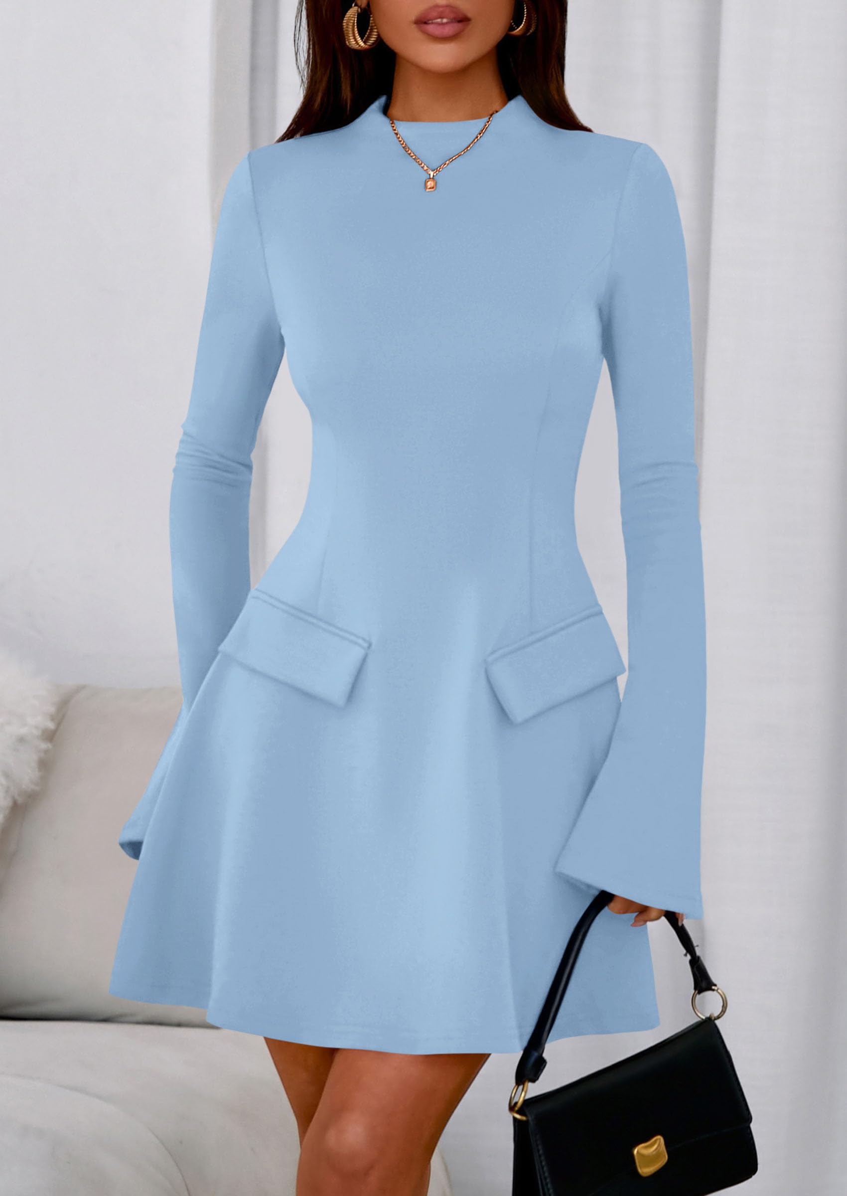 PRETTYGARDEN Women's Elegant Holiday Short Dress  Fall Bell Long Sleeve Mock Neck Work Business Casual Party Mini Dress