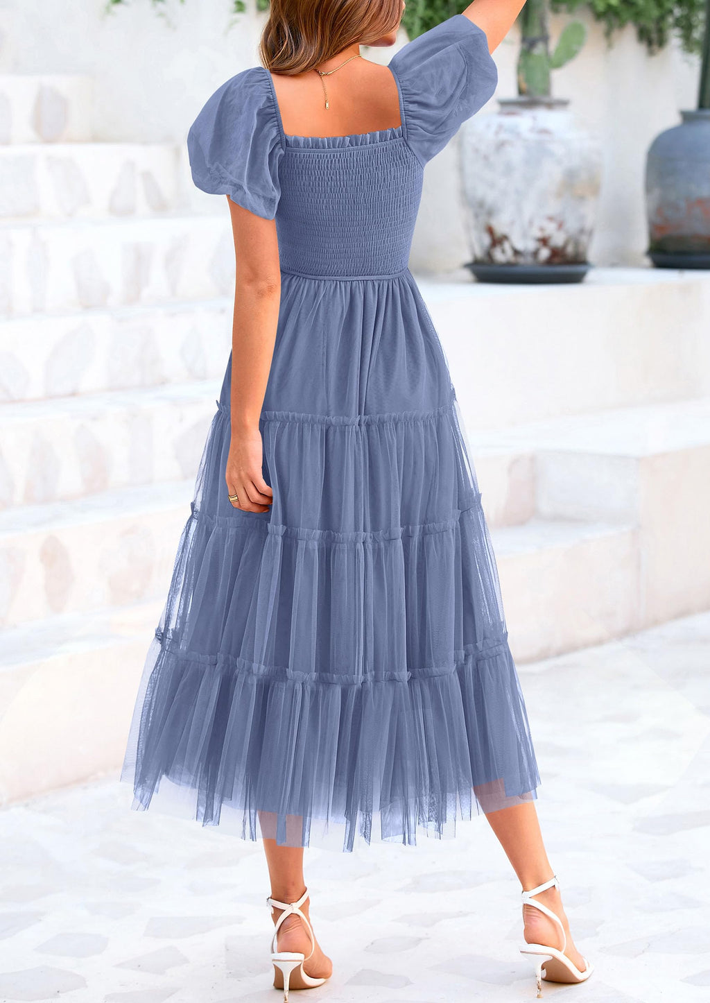 PRETTYGARDEN Women's Smocked Midi Tulle Dress  Summer Puffy Short Sleeve Square Neck Ruffle Wedding Guest Party Dresses