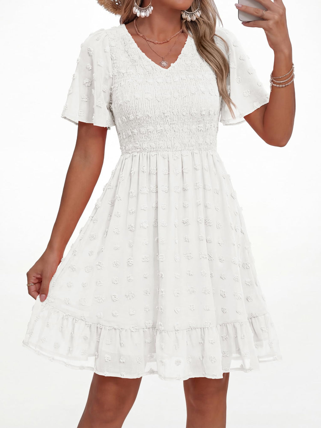 FreshPretty Womens Beach Vacation Dress Summer V Neck Short Sleeve Smocked Swiss Dot Ruffle Casual Mini Spring Dresses