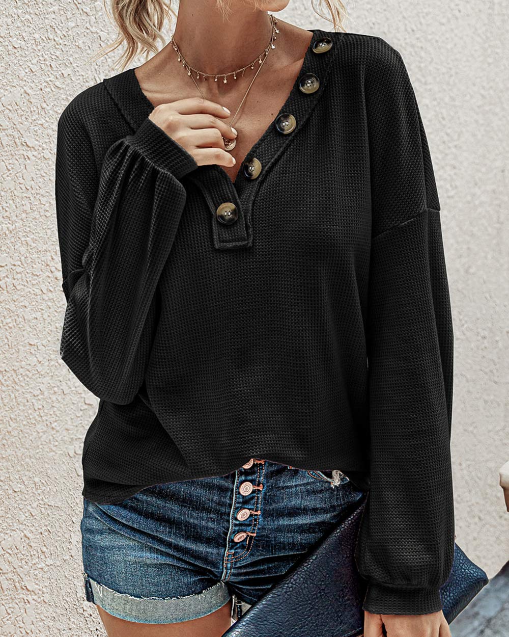 FreshPretty Womens Fall Fashion Long Sleeve Shirts Spring V Neck Loose Casual Deco Button Lightweight Waffle Knit Tops