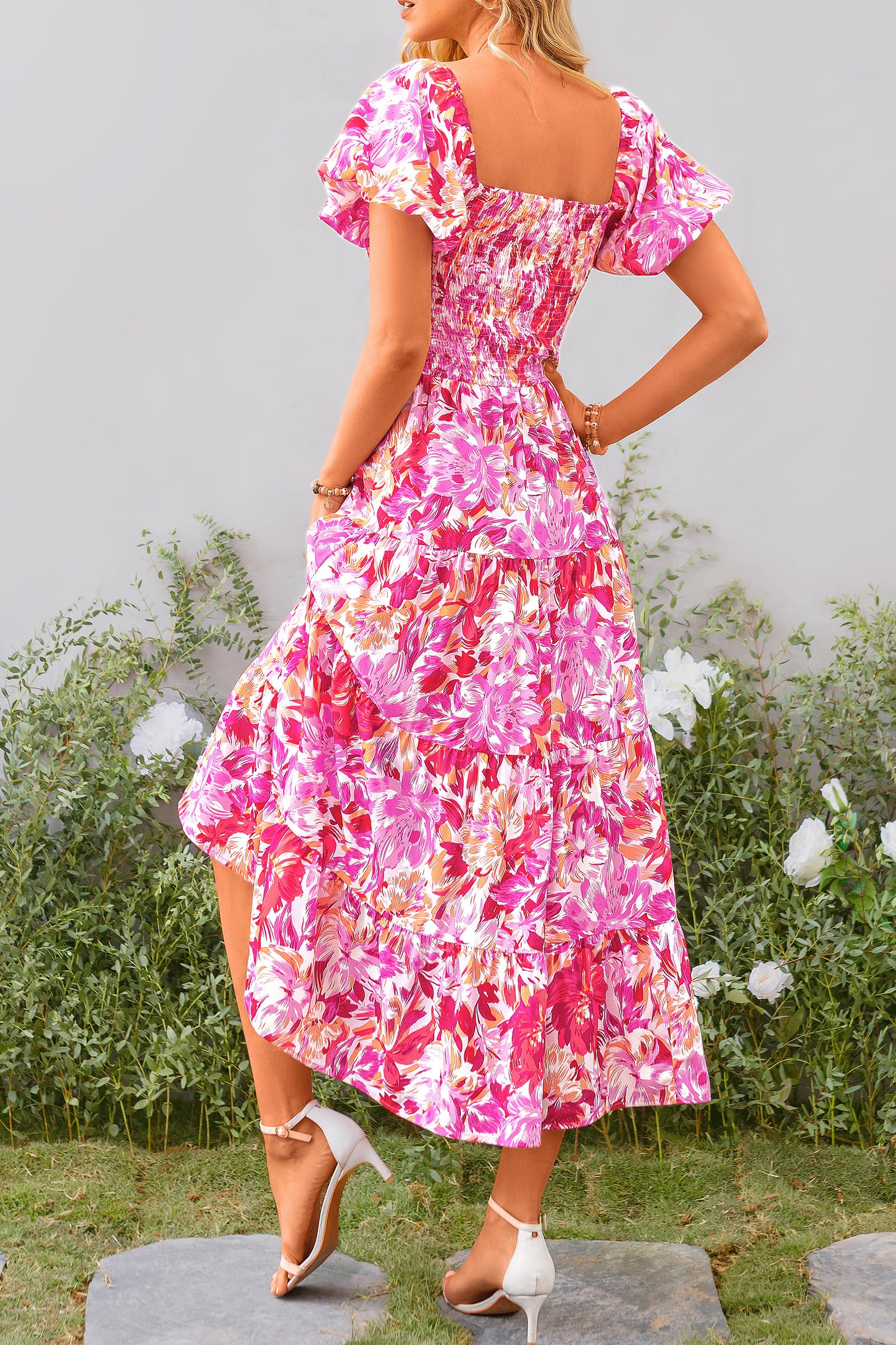 PRETTYGARDEN Women's Casual Summer Midi Dress Puffy Short Sleeve Square Neck Smocked Tiered Ruffle Dresses