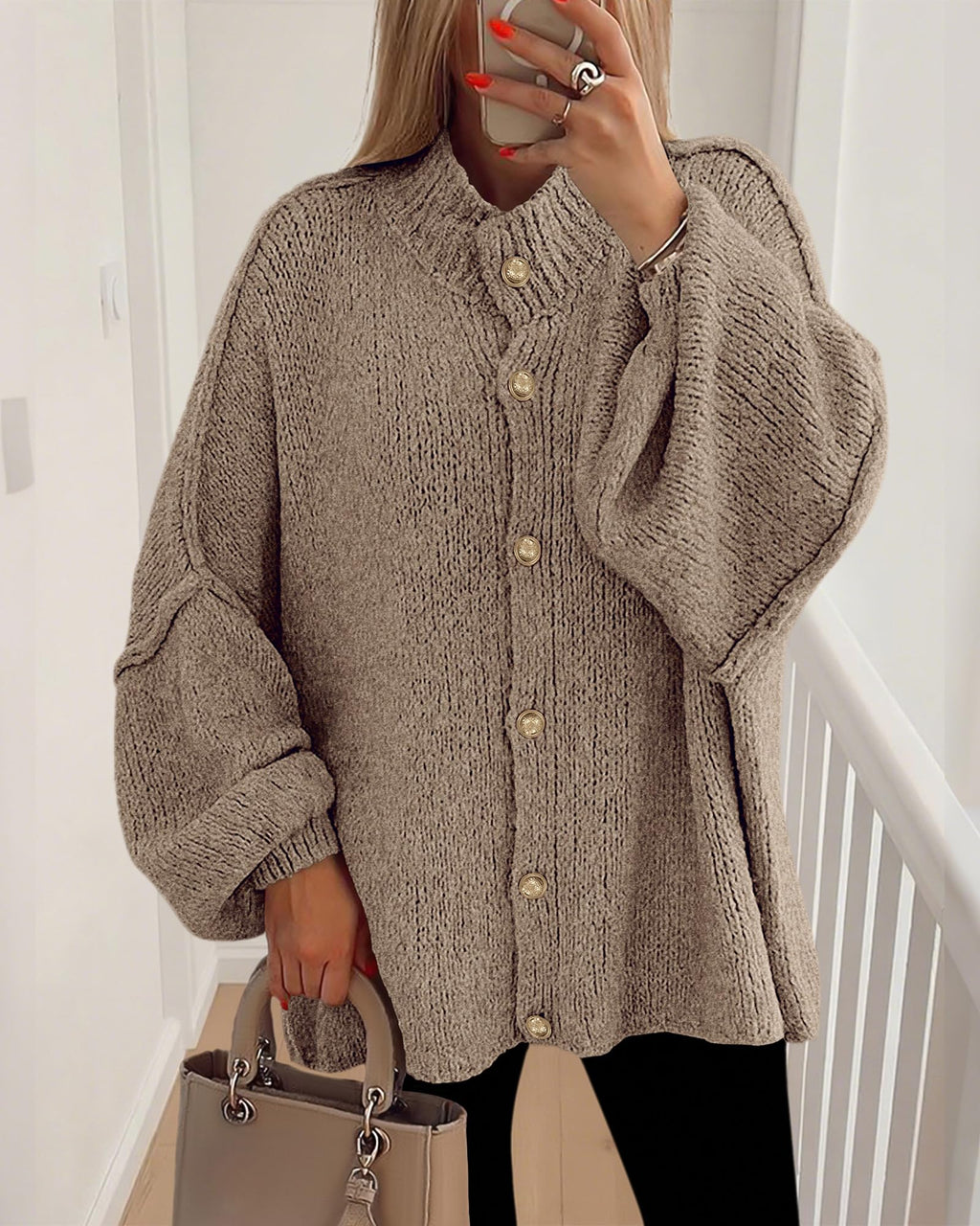 FreshPretty Cardigan Sweaters for Women Fall Clothes Lantern Long Sleeve Button Open Front Chunky Knit Oversized Sweater