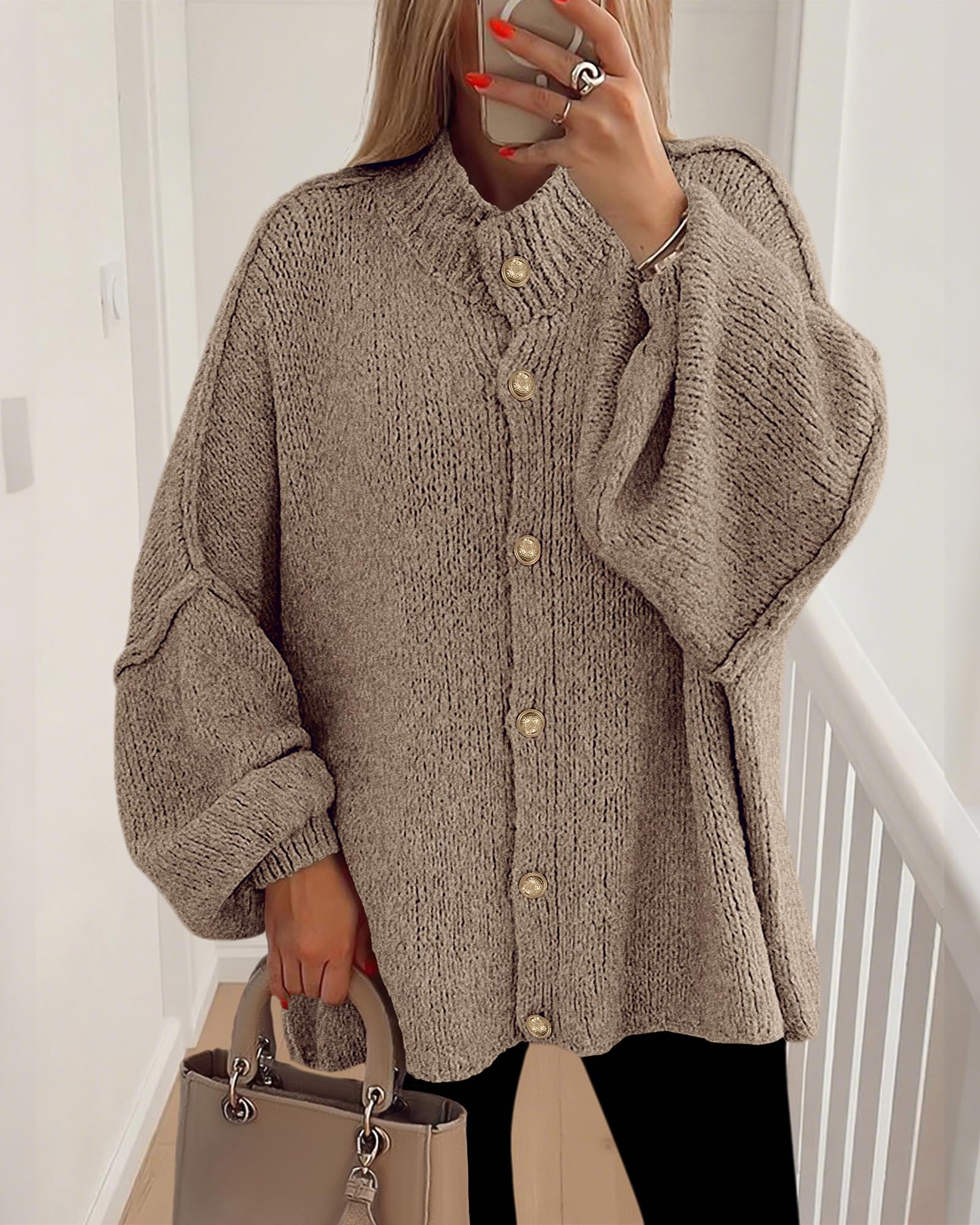 FreshPretty Cardigan Sweaters for Women Fall Clothes Lantern Long Sleeve Button Open Front Chunky Knit Oversized Sweater