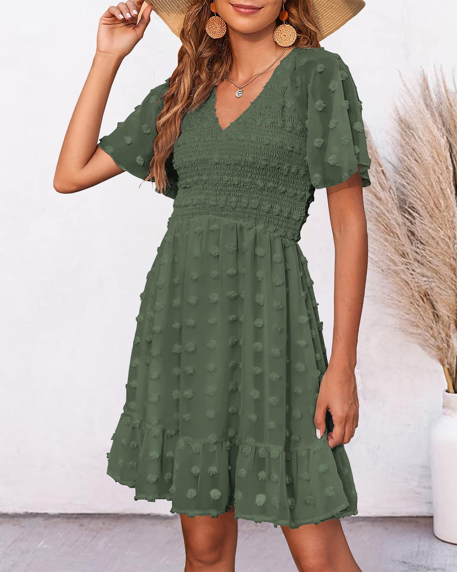 FreshPretty Womens Beach Vacation Dress Summer V Neck Short Sleeve Smocked Swiss Dot Cute Ruffle Casual Fall Mini Dresses