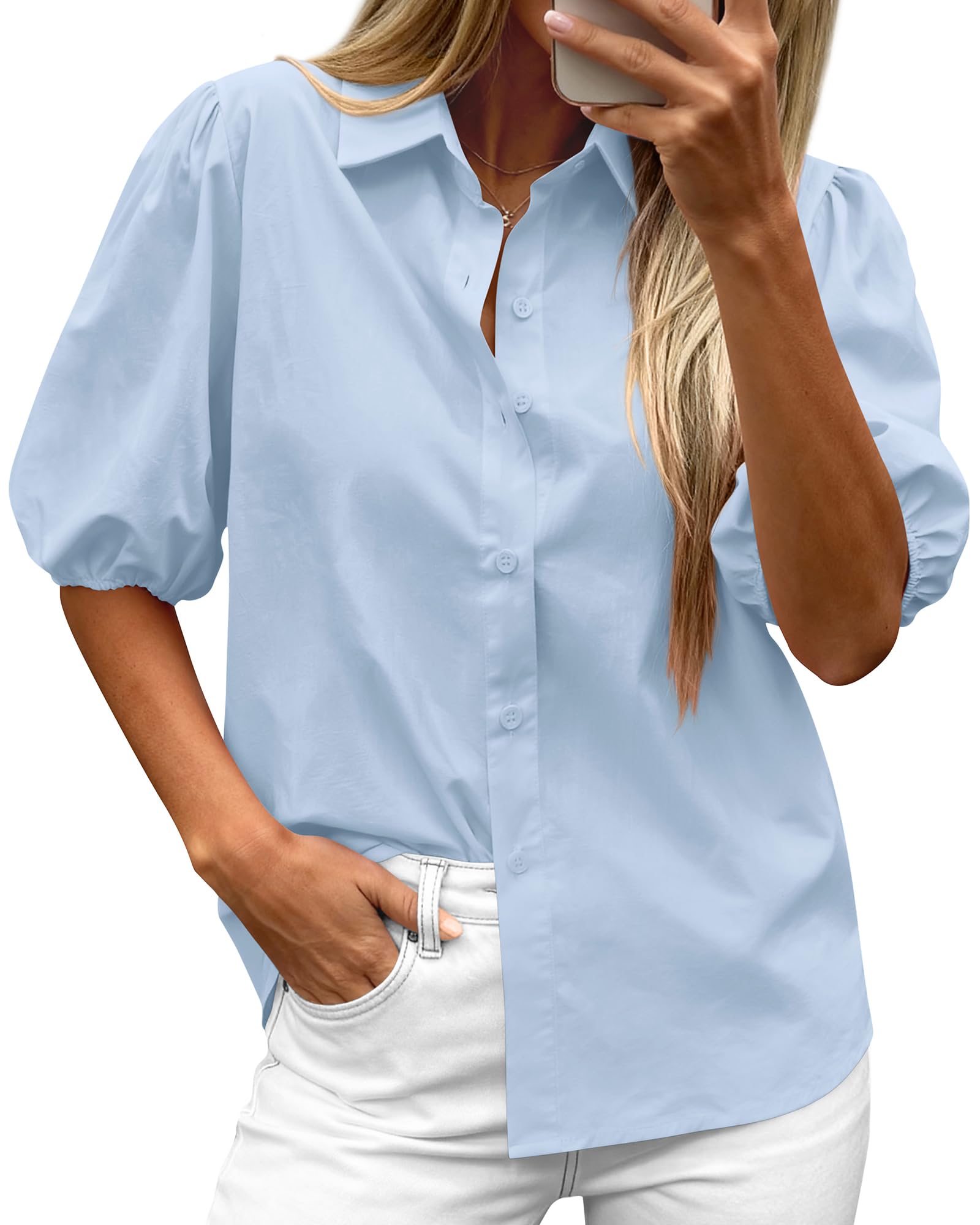 BTFBM Women's Button Down Shirts Short Puff Sleeve Collared V Nec Summer Tops Dressy Casual Work Business Blouses