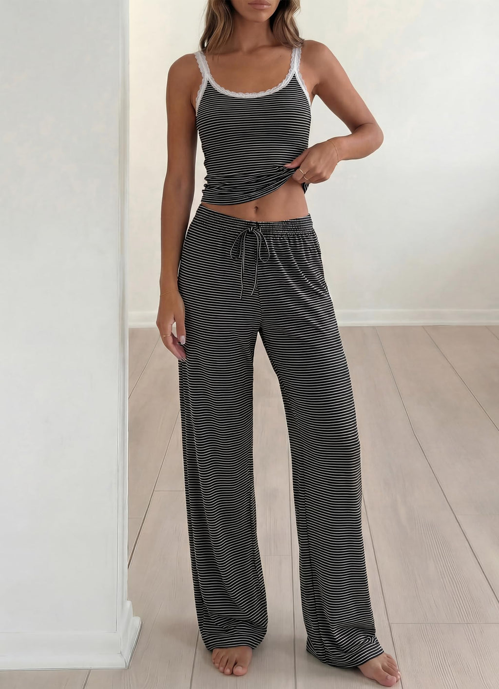 BTFBM Lounge Sets For Women Striped 2 Piece Pajama Sets Spaghetti Strap Tops Wide Leg Pants Beach Vacation Outfits