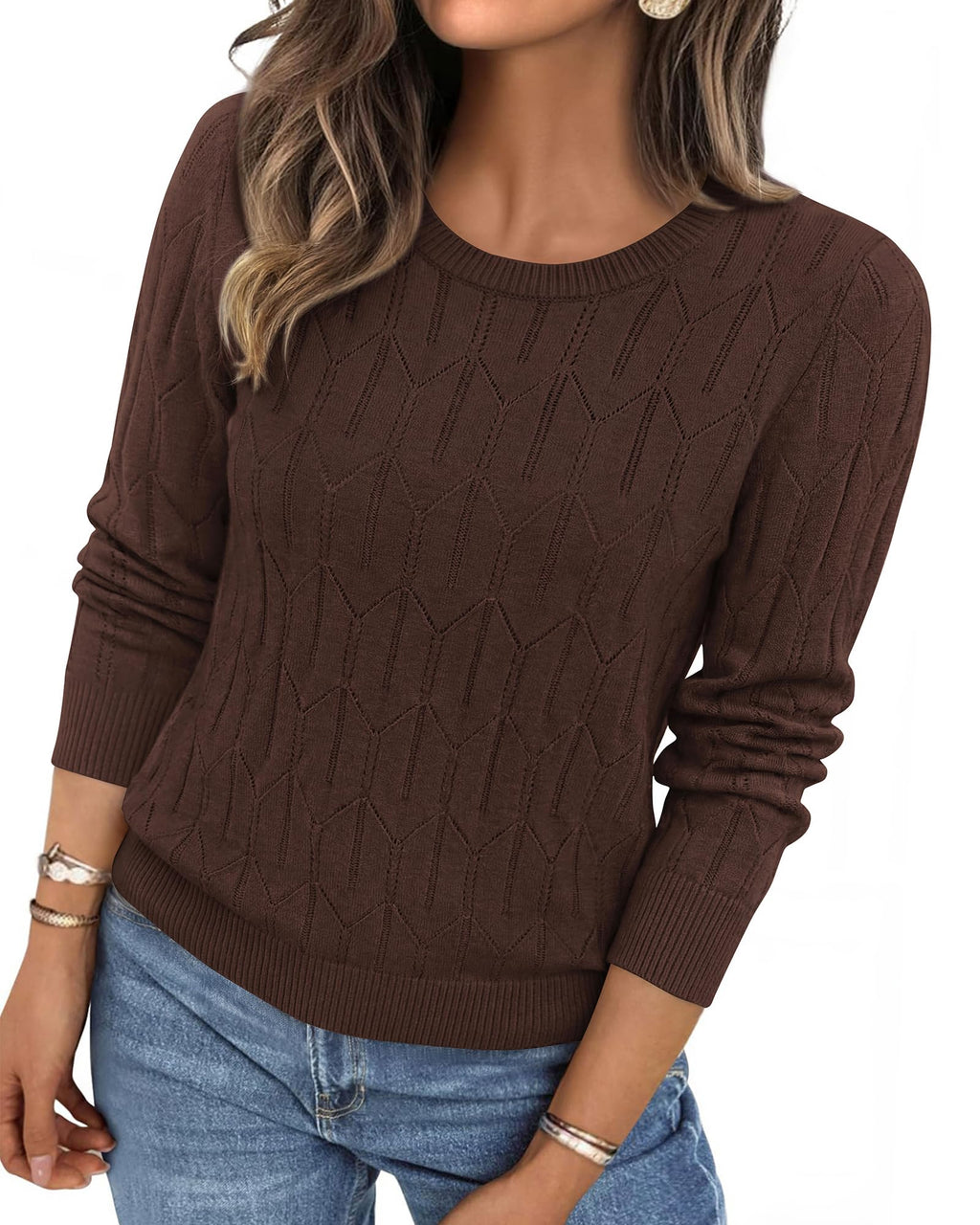 BTFBM Womens Sweaters Long Sleeve Crewneck Pullover Tops Dressy Casual Lightweight Knit Sweater,Small Hollow Out Boho Shirts, Fall Fashion,Winter Layer Basic Clothes,Business Casual Outfits