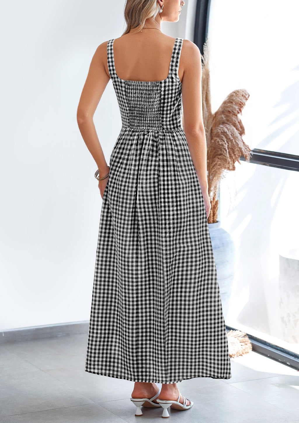 PRETTYGARDEN Women's Summer Spaghetti Strap Maxi Dresses Plaid Square Neck A Line Casual Beach Vacation Long Sundress