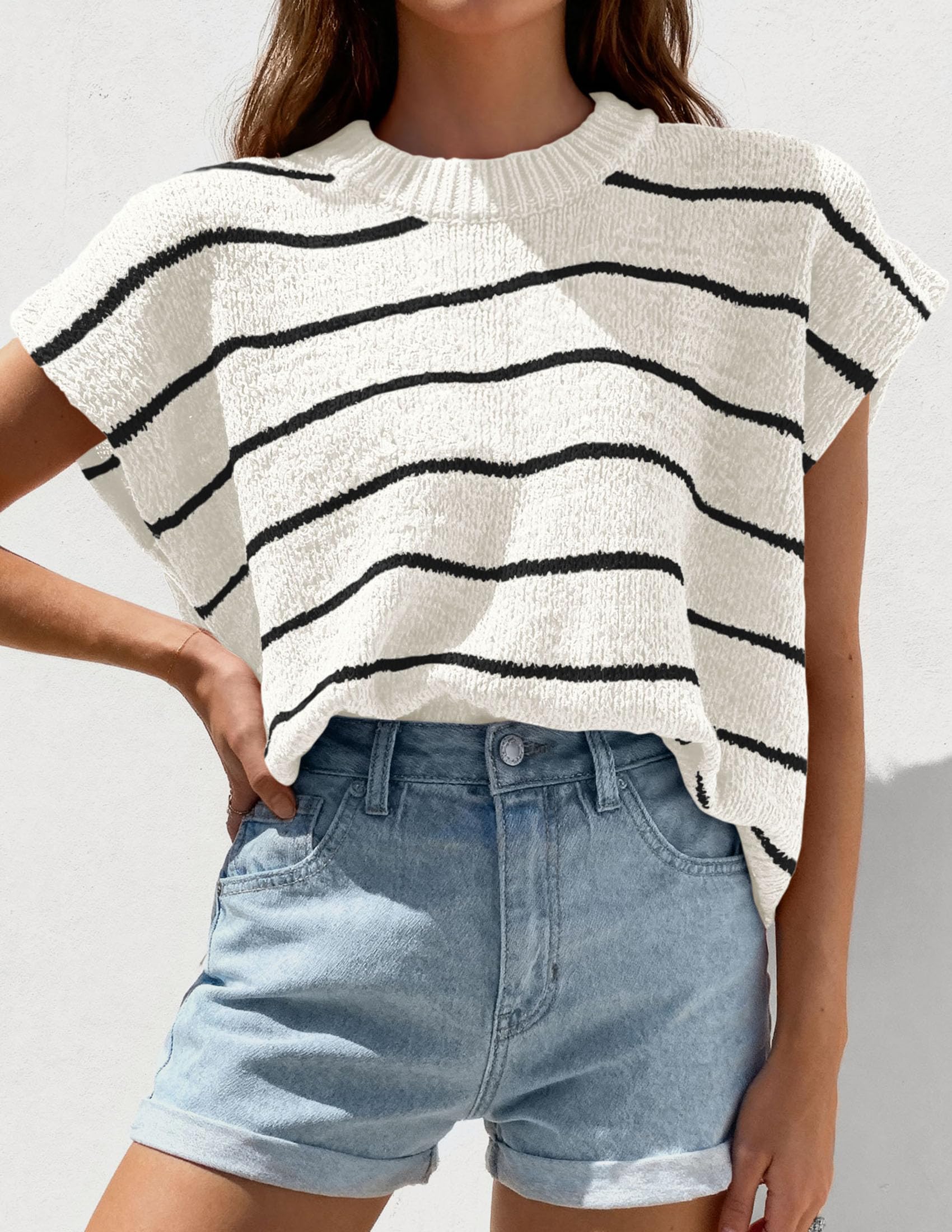 PRETTYGARDEN Womens Summer Short Sleeve Tops Trendy Crew Neck Striped Knit Sweater Business Casual Spring Clothes