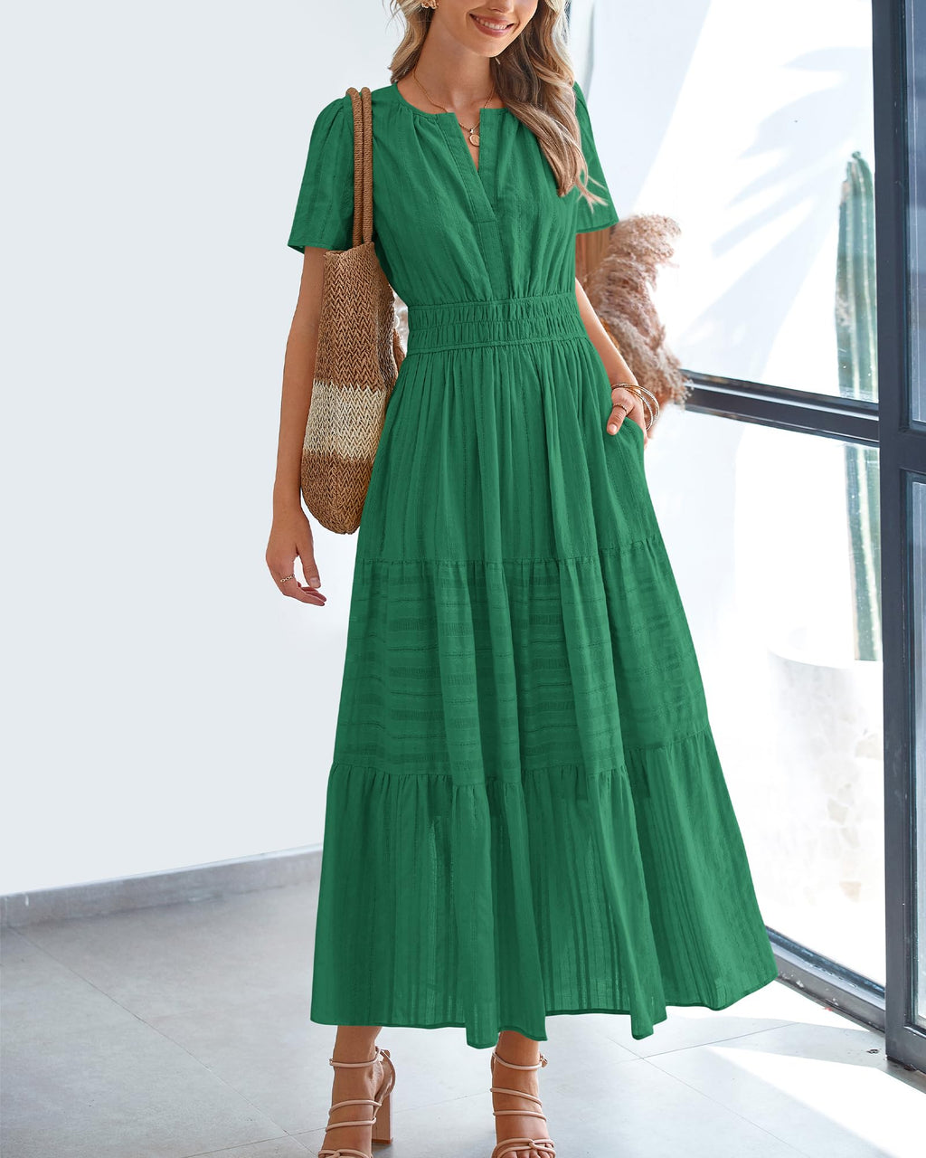 BTFBM Womens Summer Casual Midi Maxi Dresses Lightweight Short Sleeve V Neck Elastic Waist Boho Beach Dress Pockets