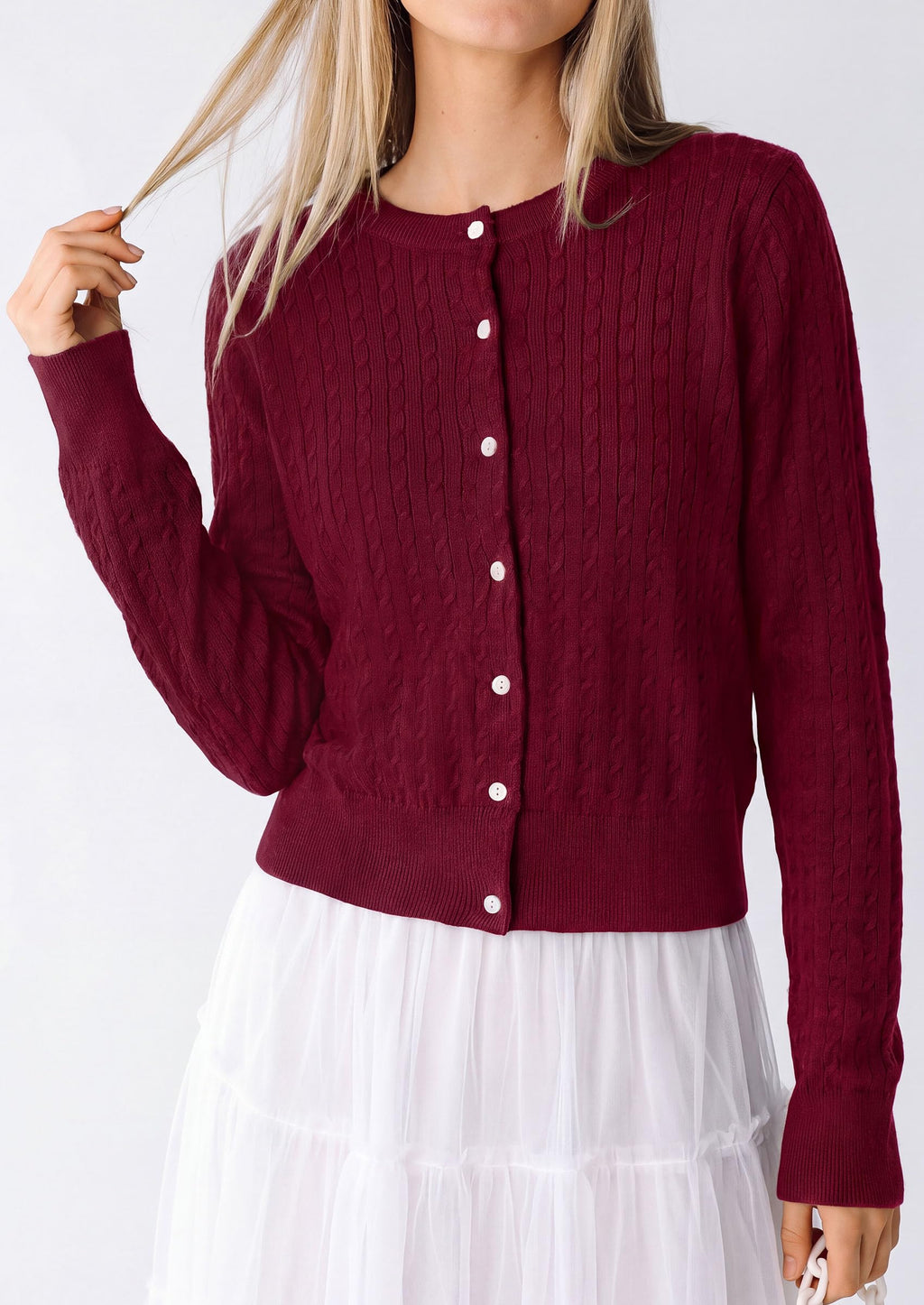PRETTYGARDEN Women Lightweight Button Up Cardigan Sweaters | Soft Stretchy, Cozy Cable Knit, Long Sleeve Crew Neck, Trendy Cardigans, Cute Casual Outfits, Early Fall Fashion Clothing