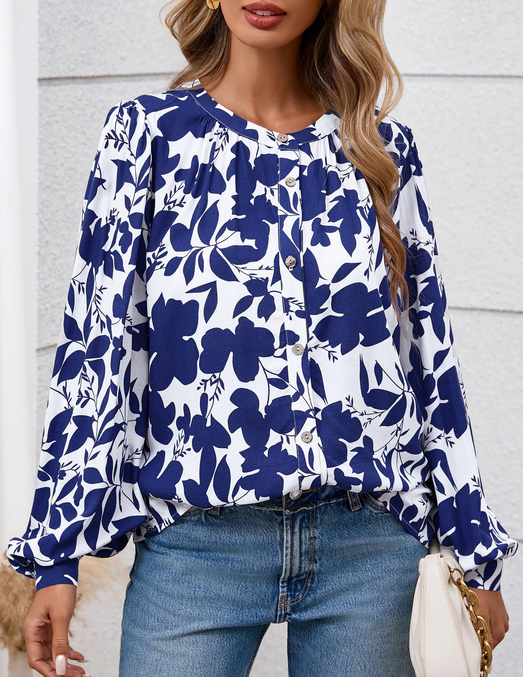 PRETTYGARDEN Women's Floral Button Down Blouse Fall Fashion Dressy Casual Long Sleeve Oversized Shirts Top Boho Clothes