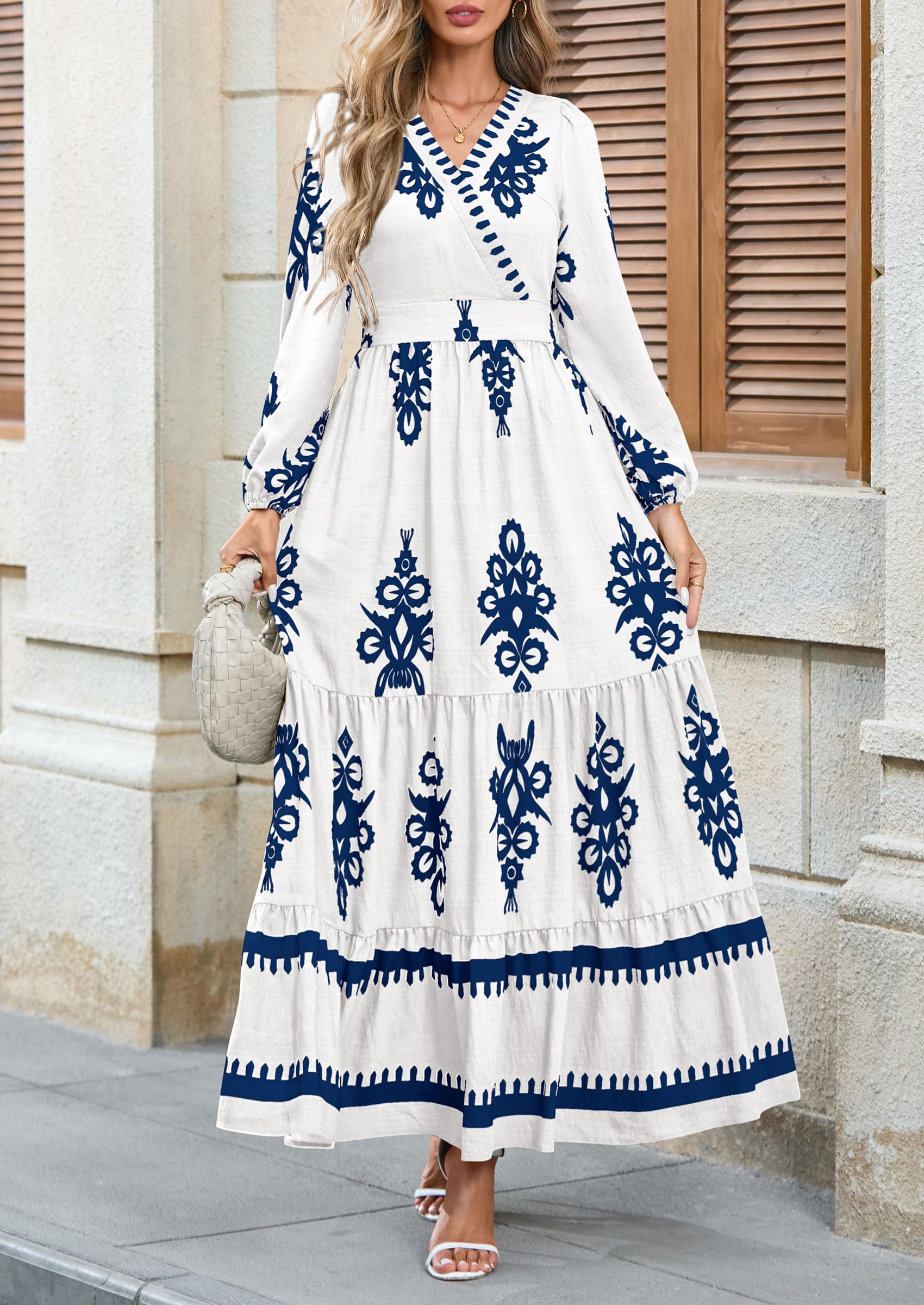 PRETTYGARDEN Women's Fall Wedding Guest Dresses Boho Floral Long Sleeve V Neck Flowy Elegant Maxi Dress Beach Clothes