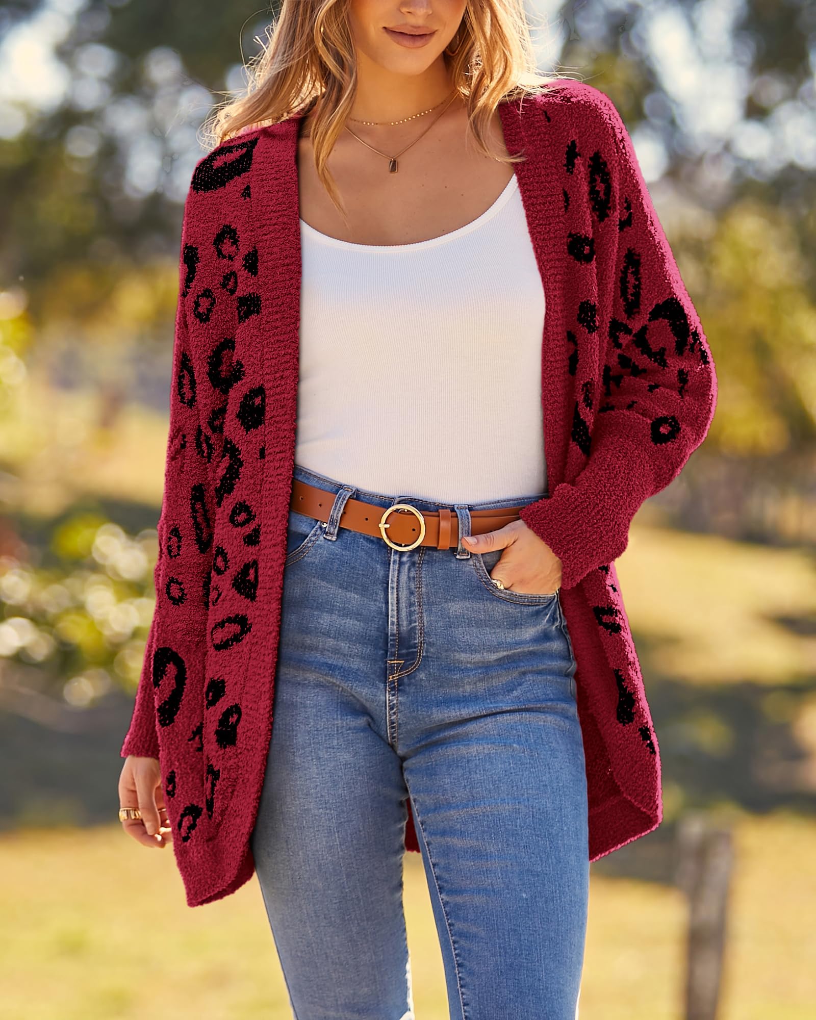 FreshPretty Leopard Cardigan for Women Long Sleeve Open Front Cardigans Sweaters Pockets Loose Knit Fall Winter Outwear