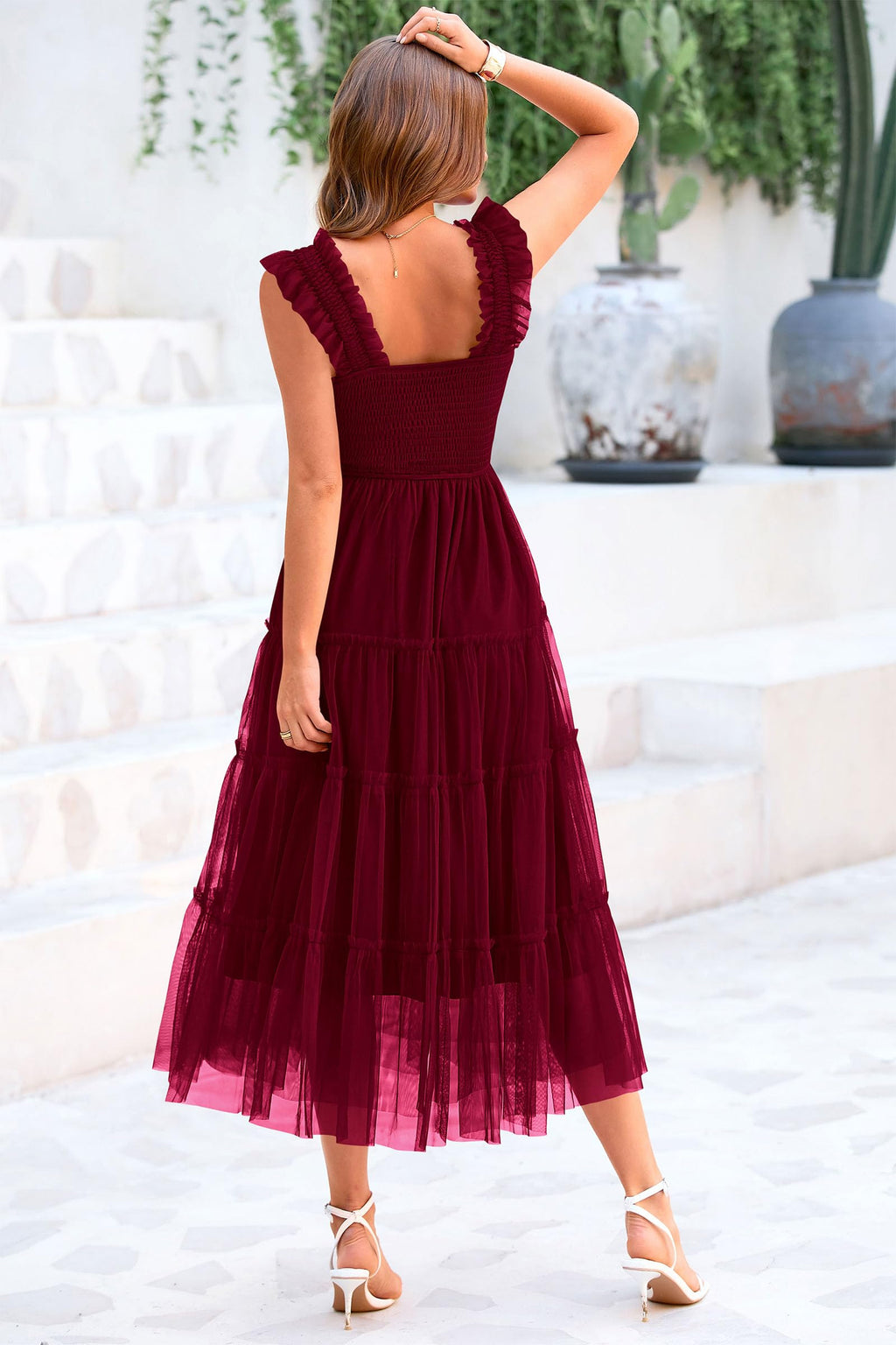 PRETTYGARDEN Women's Summer Tulle Midi Dress Sleeveless Smocked Ruffle Flowy Mesh Dresses Party Wedding Guest Sundress