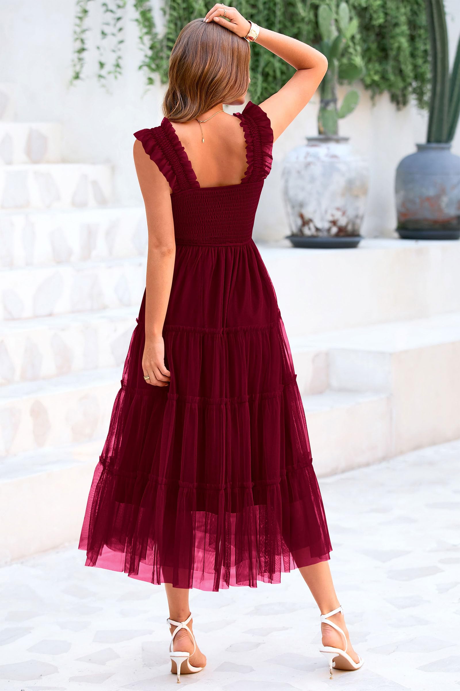 PRETTYGARDEN Women's Summer Tulle Midi Dress Sleeveless Smocked Ruffle Flowy Mesh Dresses Party Wedding Guest Sundress