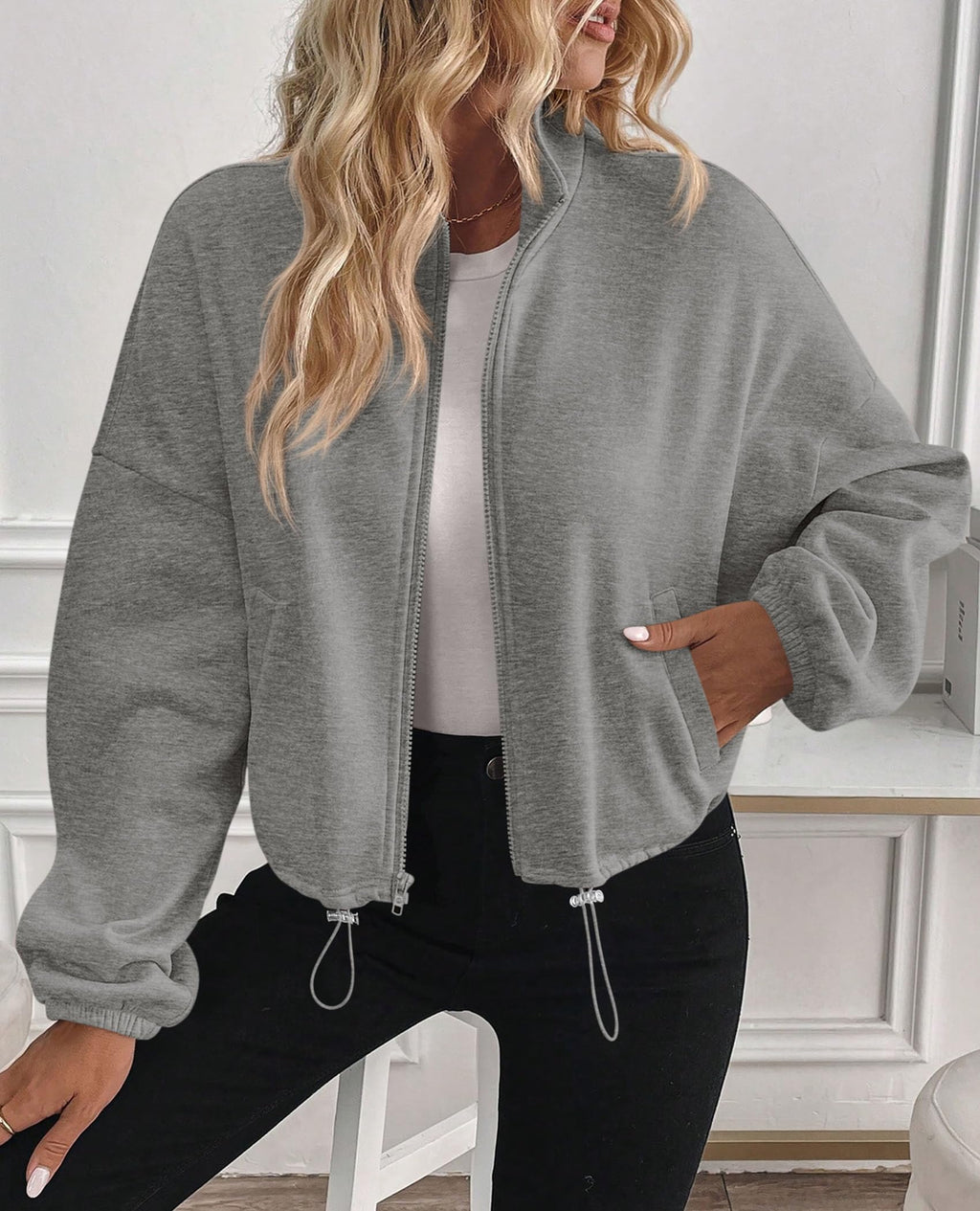 PRETTYGARDEN Womens Zip Up Fleece Cropped Sweatshirt Jacket Oversized Loose Soft Stand Collar with Drawstring Hem, Long Sleeve Casual Coat With Pockets, Fall Outfits Winter Clothing