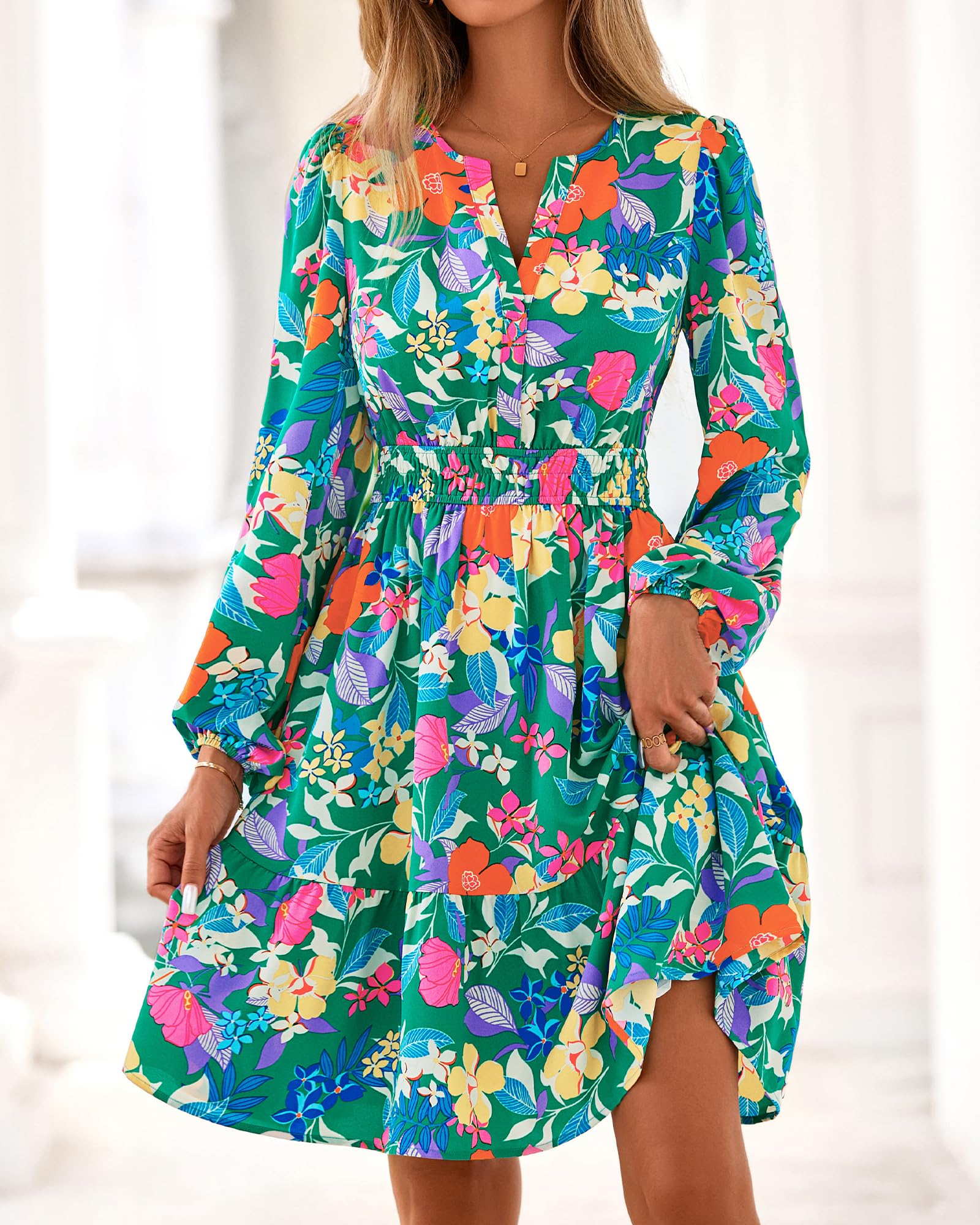 BTFBM Spring Dresses for Women Mini Long Sleeve Elastic Waist Summer Vacation Outfits Floral Wedding Guest Dress