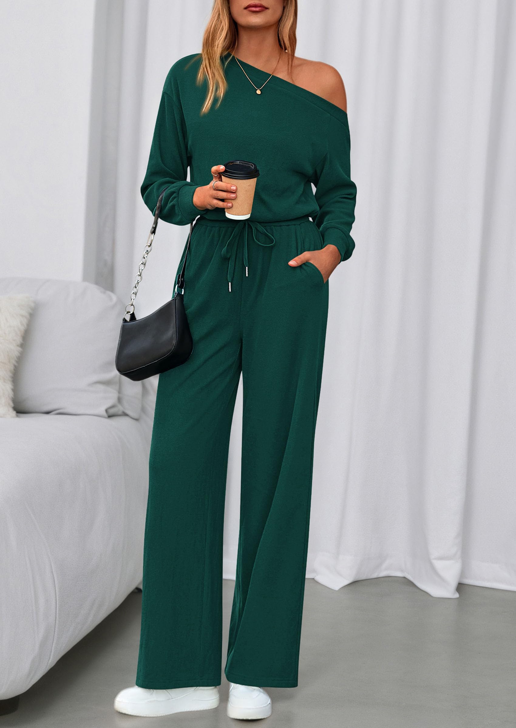 PRETTYGARDEN Long Sleeve Jumpsuit For Women Dressy Off Shoulder One Piece Loose Wide Leg Jumpsuits Casual Flowy Romper