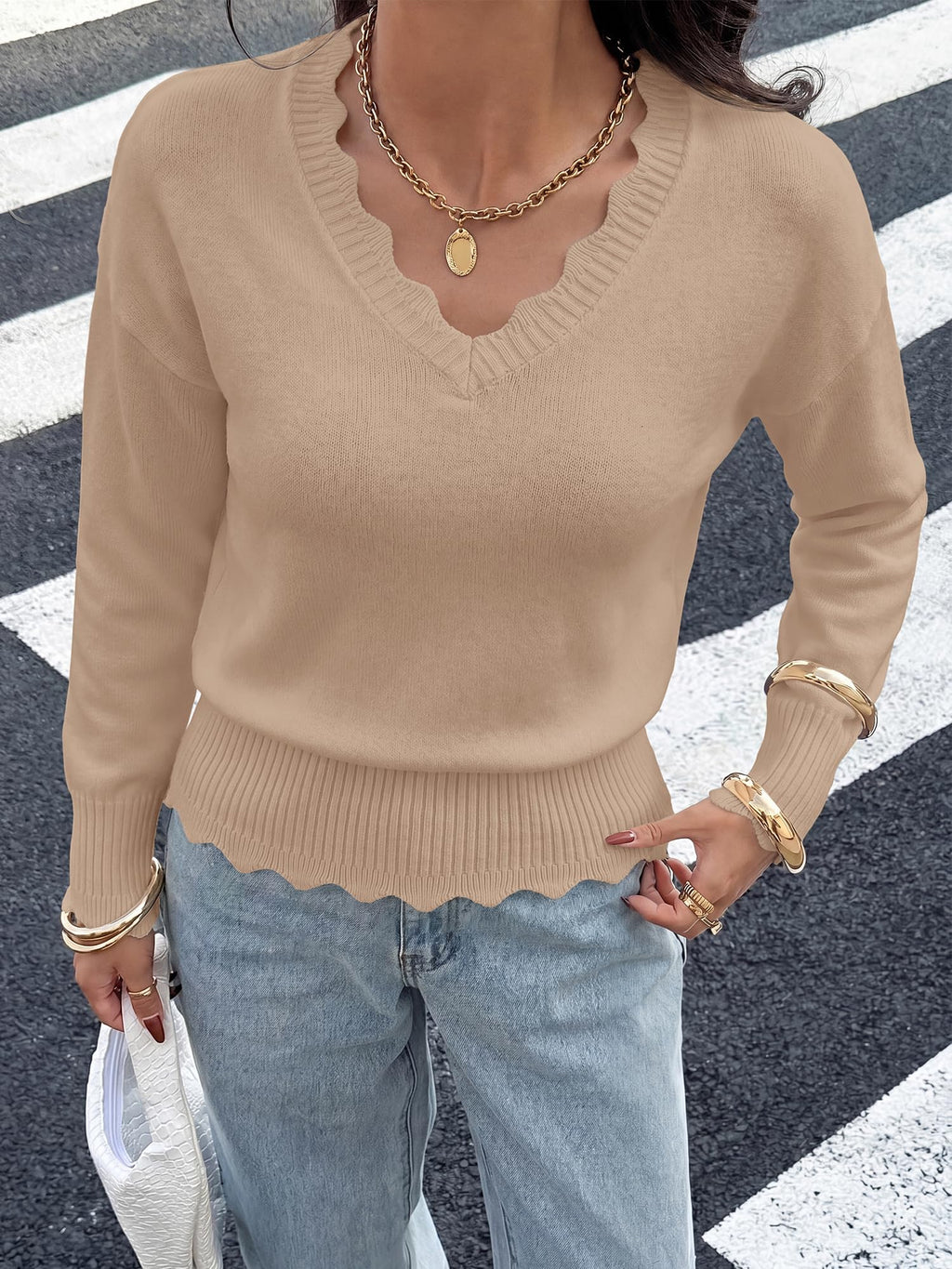 BTFBM Fall Long Sleeve Sweaters for Women | V Neck,Drop Shoulders,Scallop Edges,Lightweight Knit Sweaters Top,Daily Wear,Holiday,Christmas,Winter Clothing