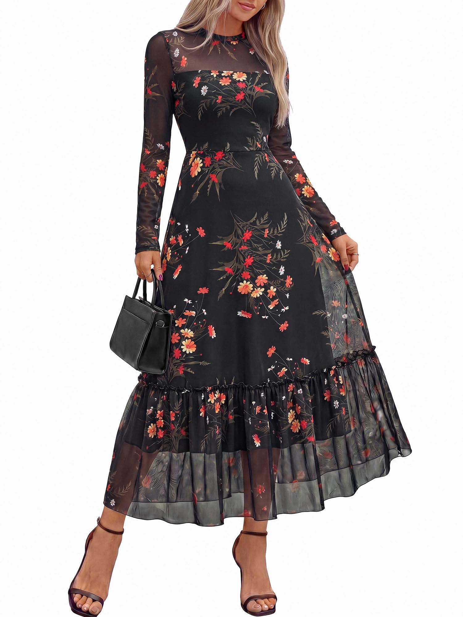 BTFBM Boho Mesh Long Sleeve Dress for Women | Mock Neck, Floral, A Line, Tiered, Graduation, Wedding, Cocktail Maxi Dresses, Fall Fashion, Resort Wear
