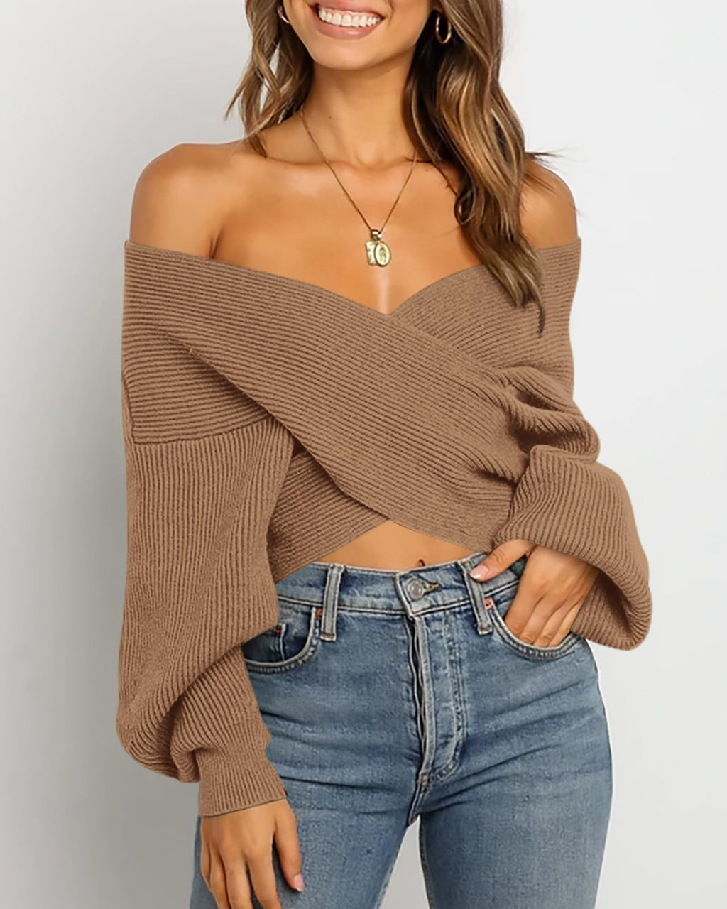 BTFBM Off The Shoulder Sweater for Women Winter Fall Fashion V Neck Long Sleeve Ribbed Knit Wrap Cropped Sweaters