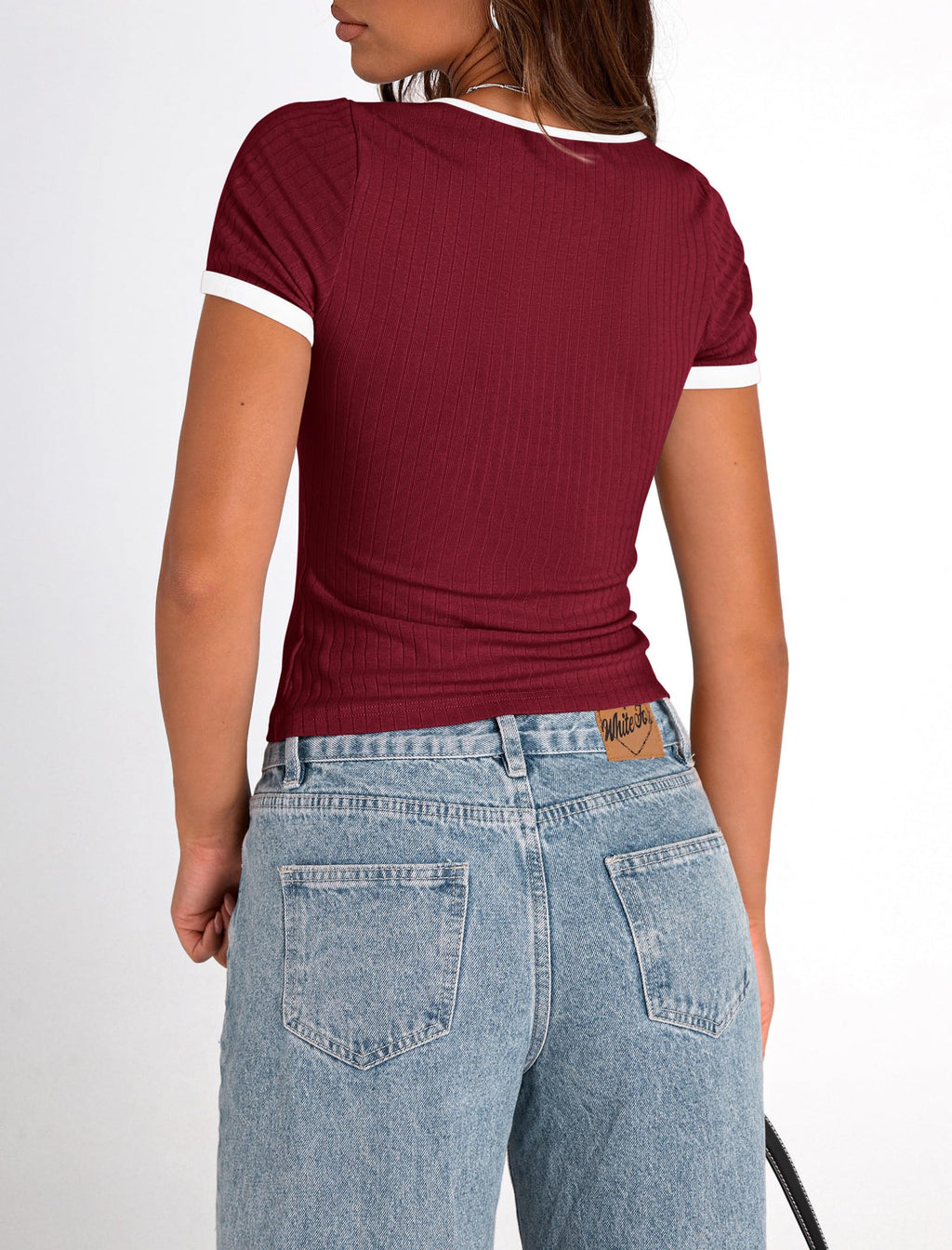 PRETTYGARDEN Women's Summer Short Sleeve T Shirts Ribbed Knit Square Neck Color Block Slim Fit Basic Casual Crop Tops Blouses