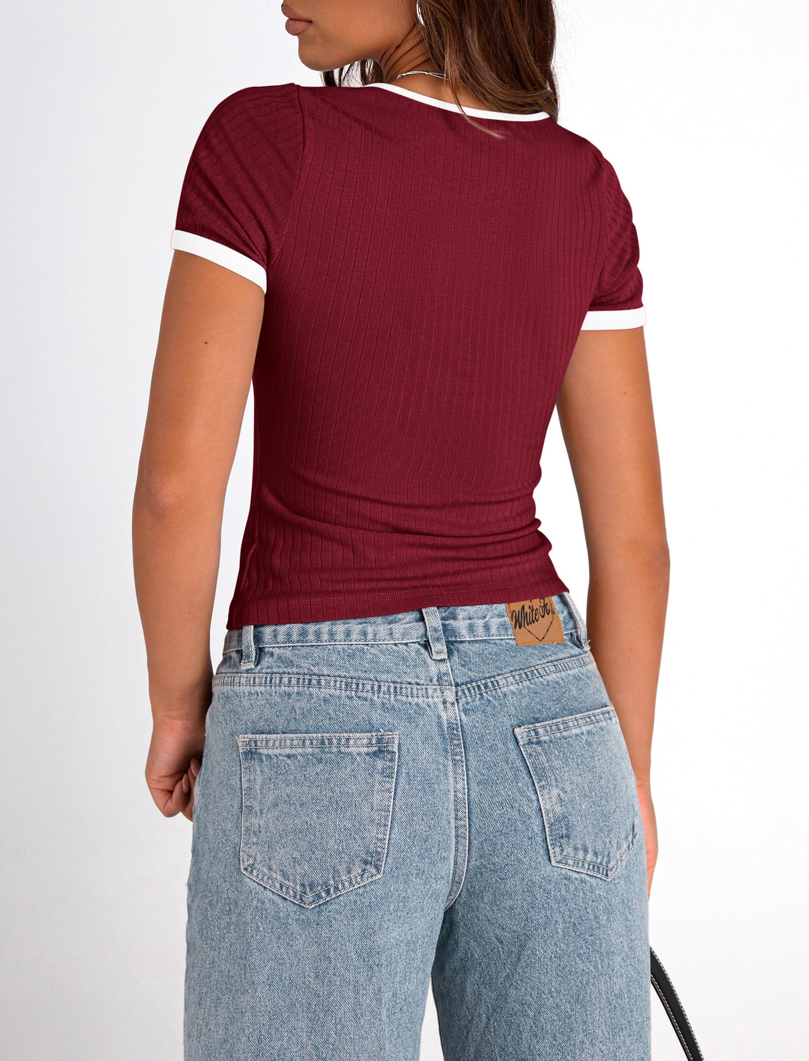 PRETTYGARDEN Women's Summer Short Sleeve T Shirts Ribbed Knit Square Neck Color Block Slim Fit Basic Casual Crop Tops Blouses
