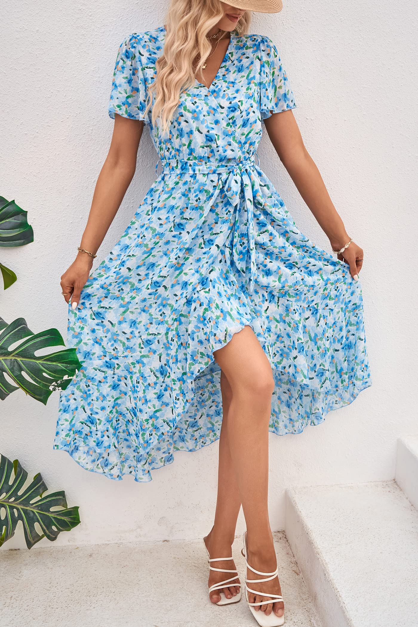 PRETTYGARDEN Women's Summer Floral Boho Maxi Dress Wrap Short Sleeve V Neck Ruffle A-Line Flowy Wedding Guest Long Dresses