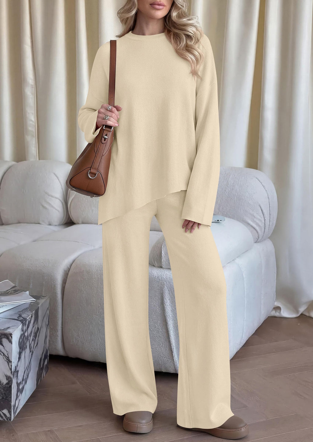 PRETTYGARDEN Womens Fall 2 Piece Asymmetric Cozy Sweater Travel Lounge Sets Crewneck Drop Shoulder Tops, Wide Leg Pants, Soft Casual Knit Matching Set,Vacation Airport Holiday Outfits