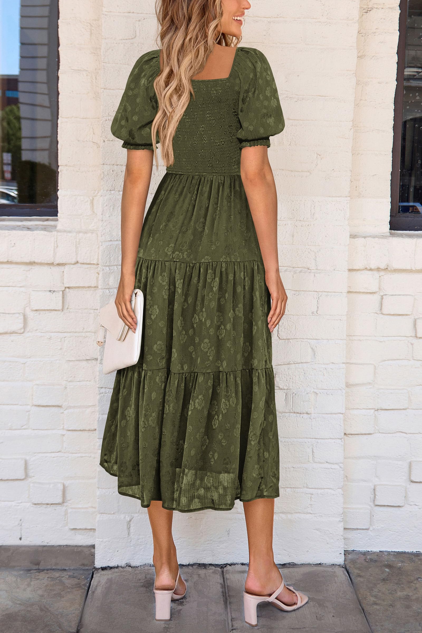 PRETTYGARDEN Women's Summer Casual Midi Dresses Square Neck Short Sleeve Smocked A Line Floral Flowy Elegant Boho Dress